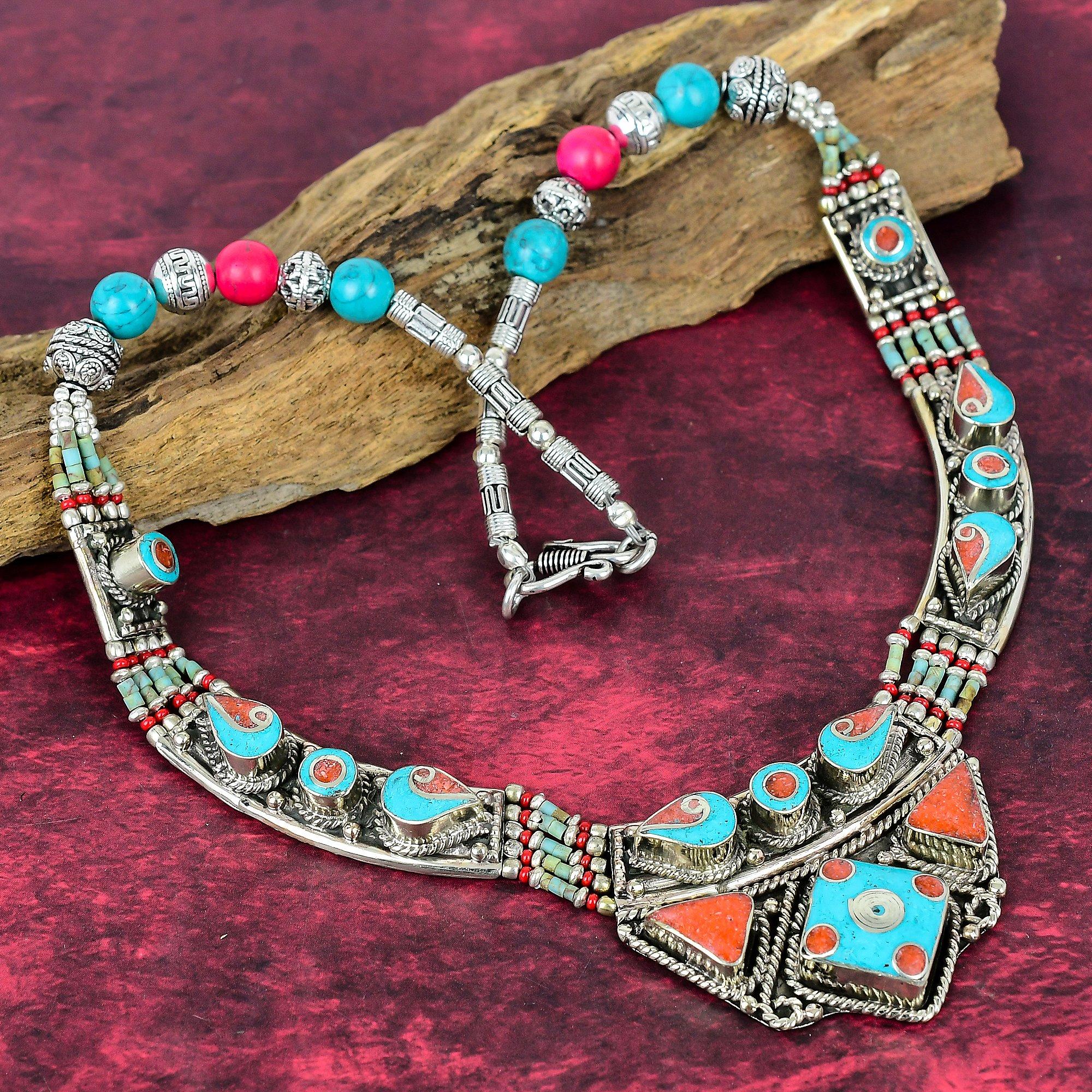 Blue Turquoise & Coral 925 Solid Sterling Silver Nepali Earrings, Handmade Gemstone Earrings Jewelry, Gifts For Wife Brand New Earrings