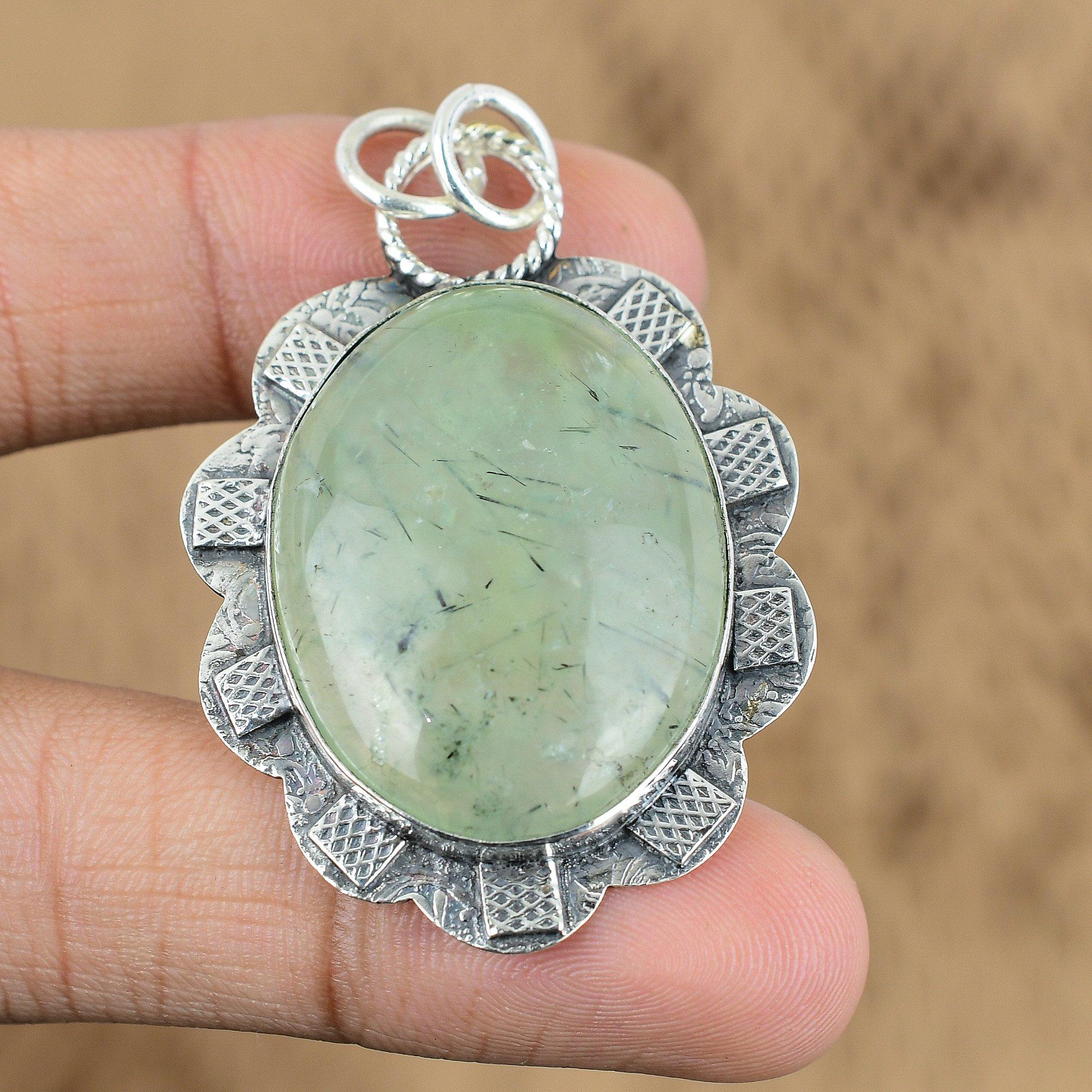 Gift For Her 925 Sterling Silver Natural Moss Prehnite Gemstone Jewelry Pendant