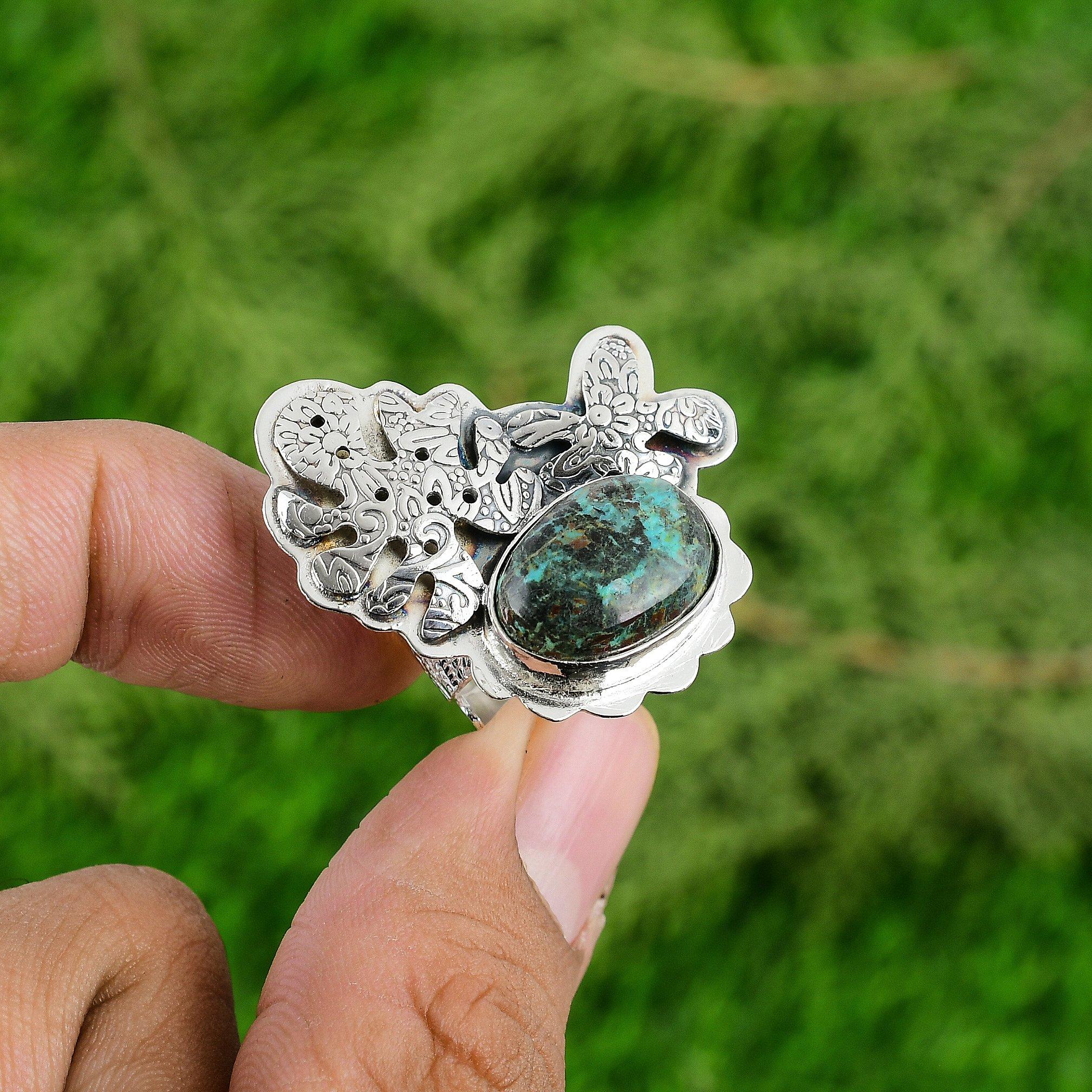 Gift For Her 925 Silver Natural Chrysocolla Gemstone Statement Adjustable Ring