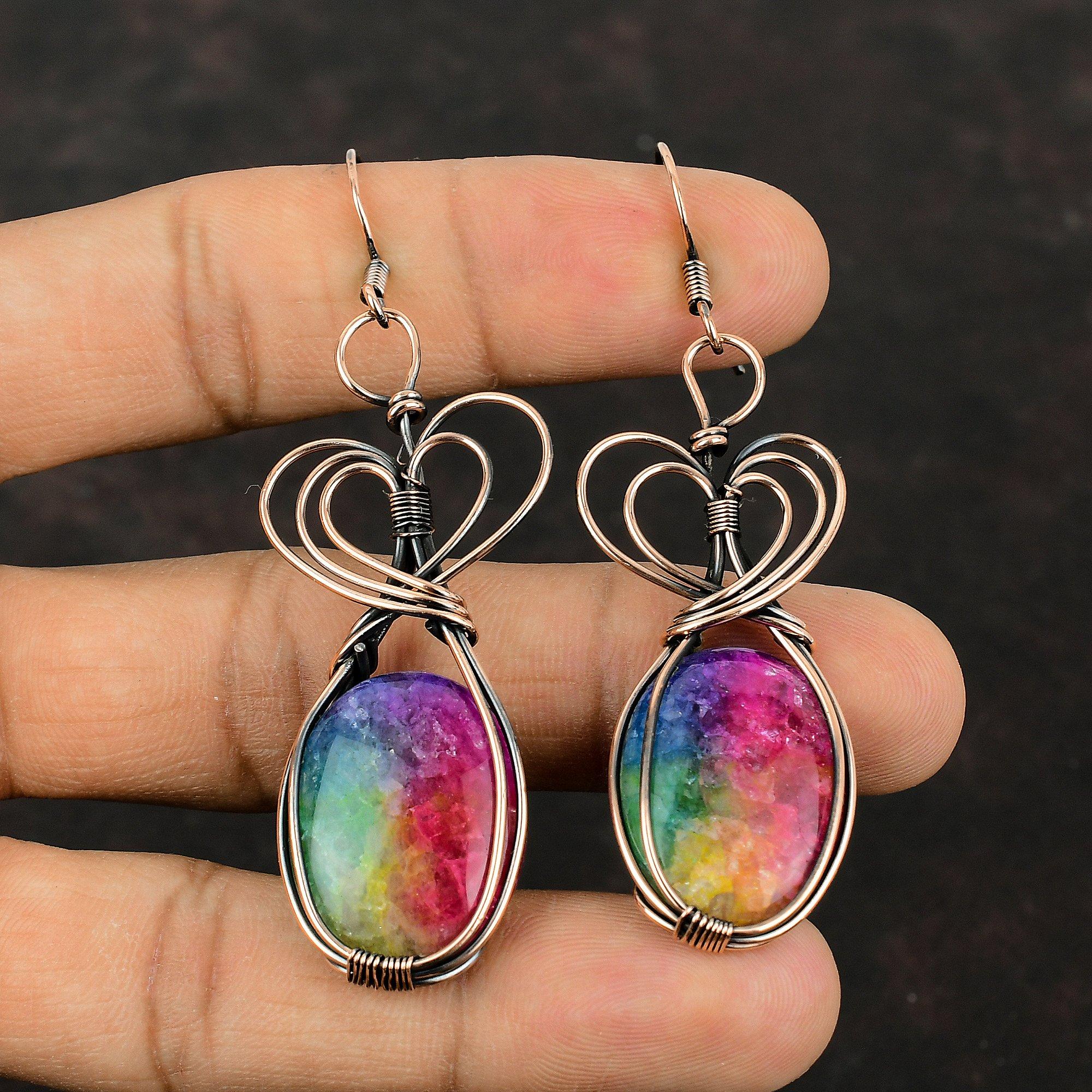 Rainbow Solar Quartz Druzy Copper Earring Copper Wire Wrapped Earrings Handmade Earring Unique Copper Design Jewelry Dainty Gemstone Earring