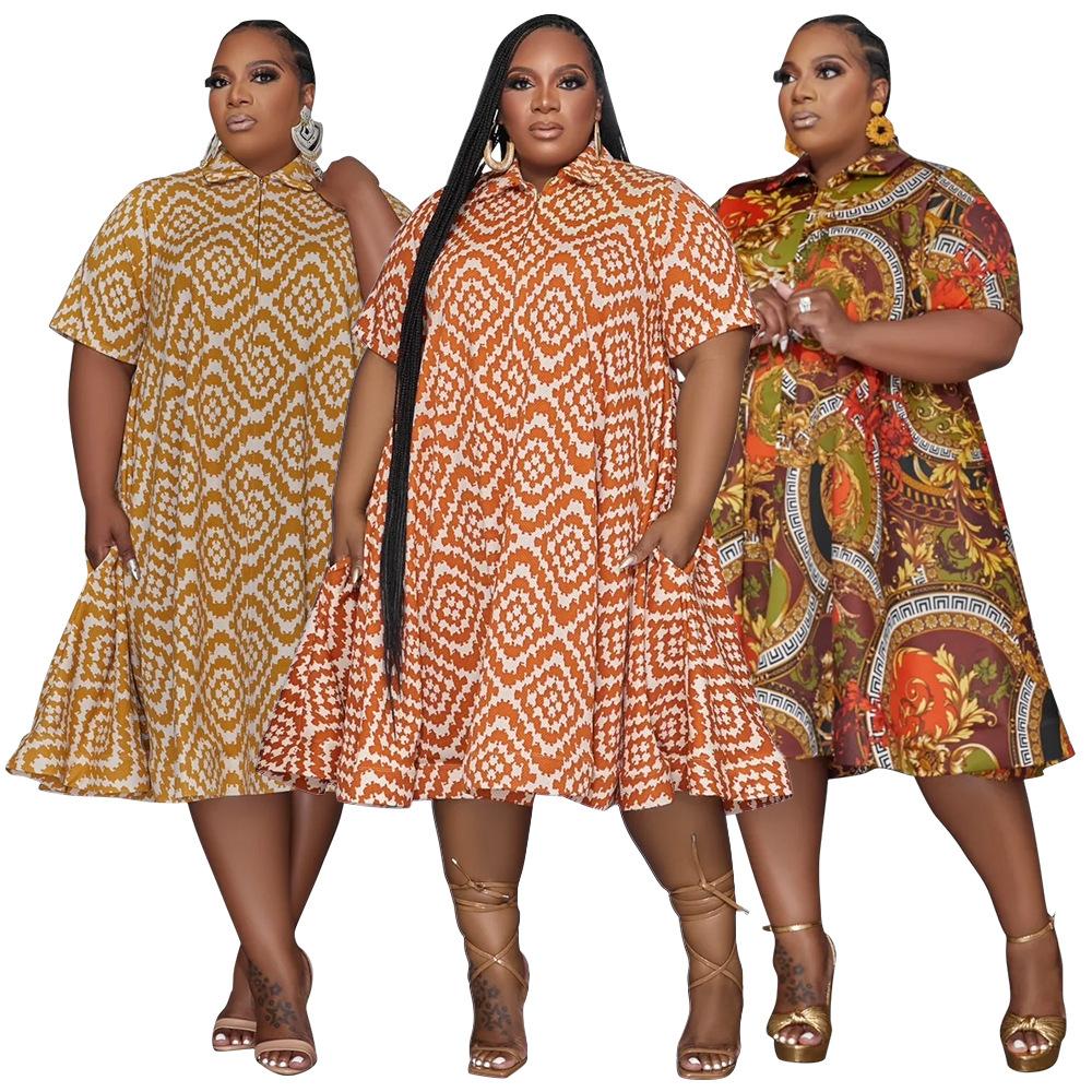 Spring Summer Women's Printed Dresses Plus Size Resort Style Petticoat Neck Short Sleeve Fluttering Dresses