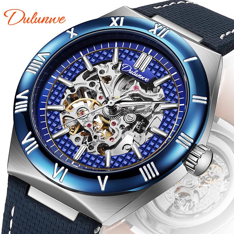 Dulunwe Skeleton Mechanical Watches Blue Roman Dial Watch for Men Automatic Watches Luxury Sports Waterproof Clock