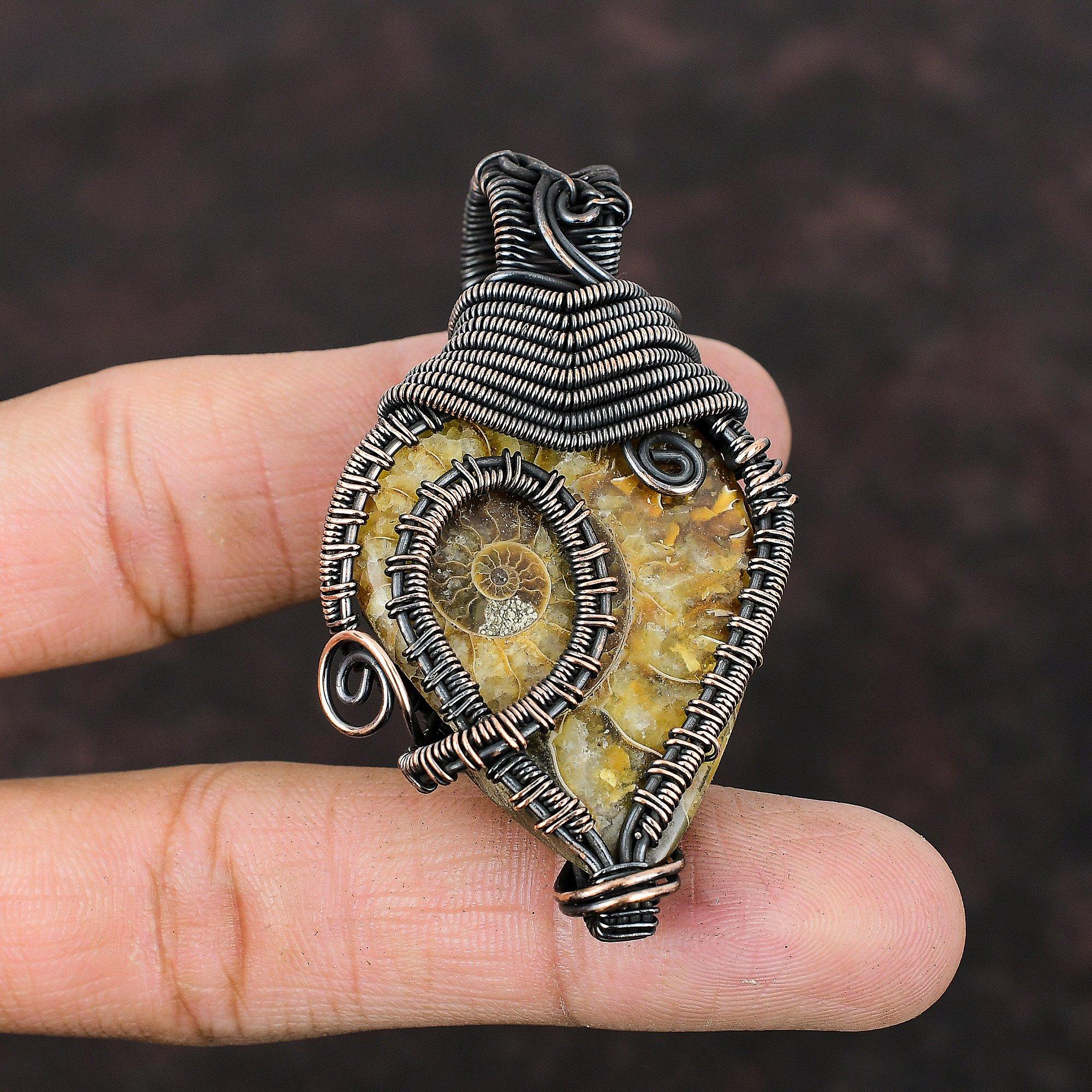 Ammonite Fossil Pendant Copper Wire Wrapped Gemstone Pendant Ammonite Fossil Copper Jewelry Handmade Pendant Gift For Him New Design Pendant