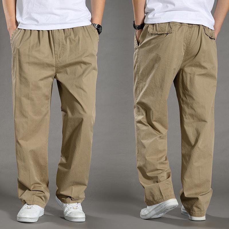 Summer Thin Men's Casual Pants Plus Fat Large Size Loose Middle-aged Men's Pants Large Size Pure Cotton Straight Elastic Waist