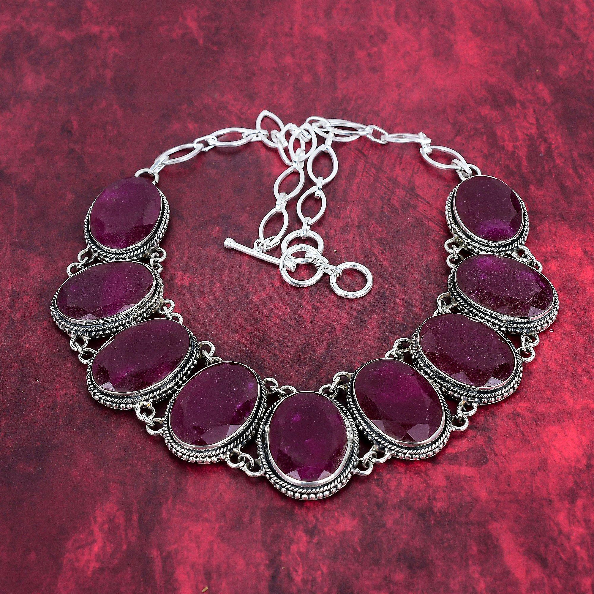 Kashmiri Roter Rubin 925 Sterling Silber Halskette, Edelstein Halskette Geschenk für Sie handgemachter zierlicher Schmuck, Für Thanksgiving