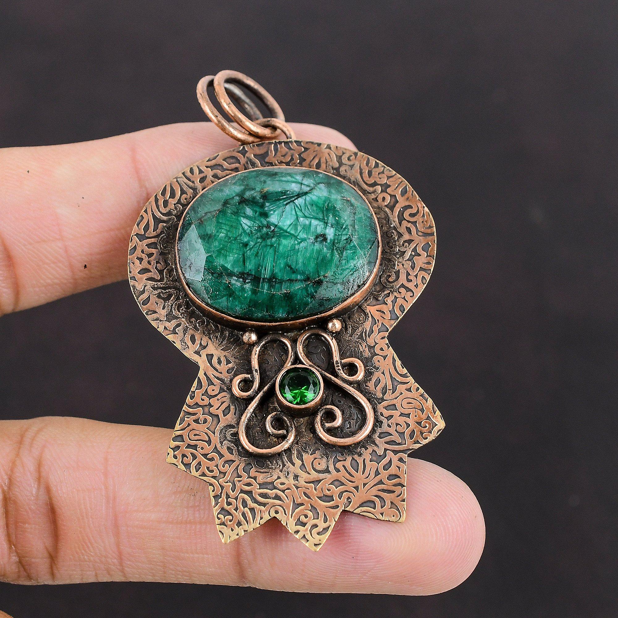 Faceted Zambian Emerald Pendant Chrome Diopside Pendant Copper Pendant Genuine Gemstone Pendant Handmade Copper Jewelry Birthstone Pendant