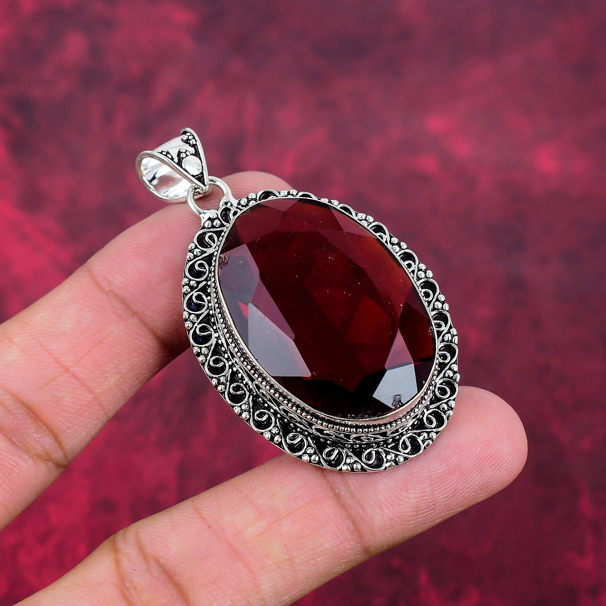 Röd granathänge, 925 ädelstenssmycken i massivt sterlingsilver, handgjorda hänge, till Thanksgiving
