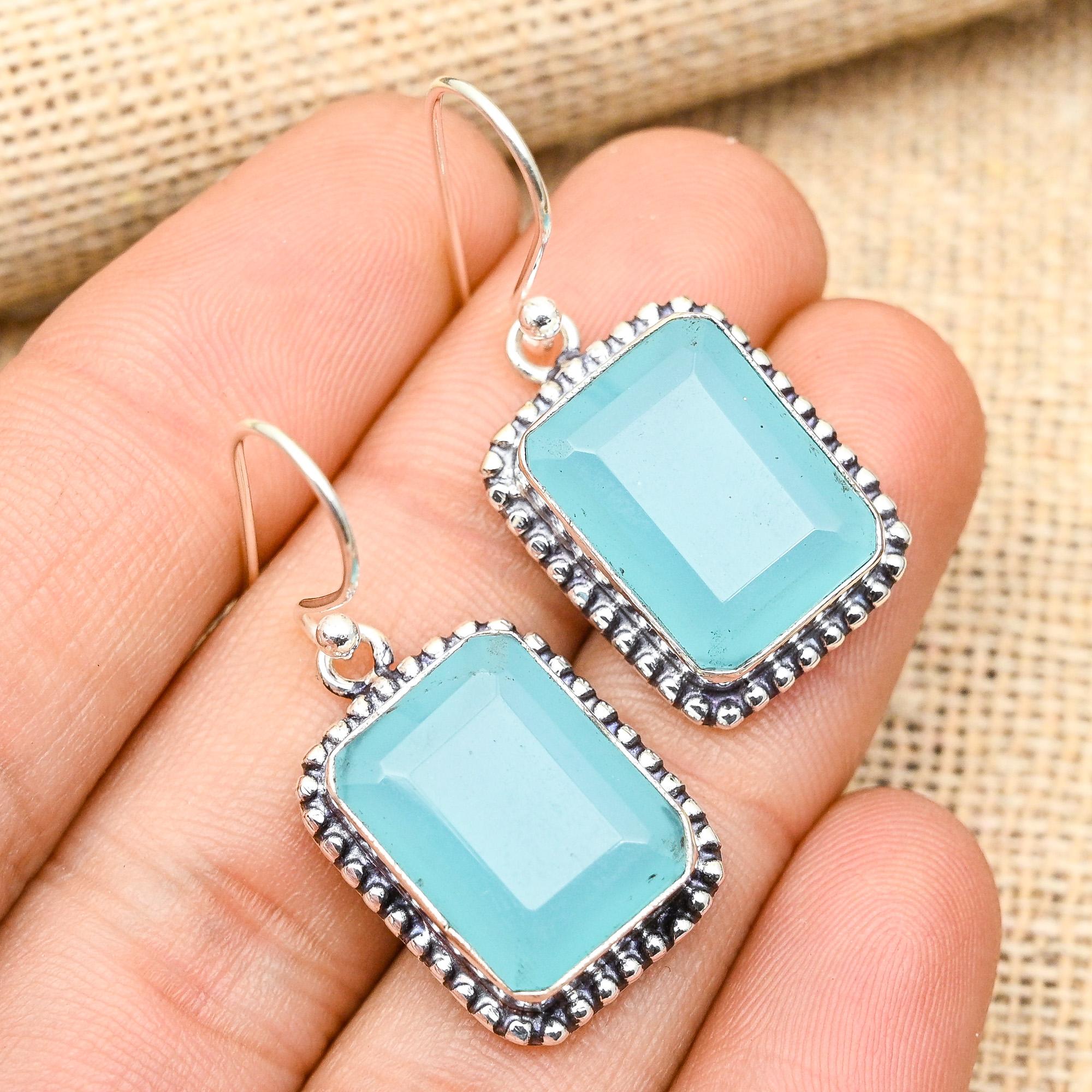 Pretty Blue Chalcedony Gemstone Handmade 925 Solid Sterling Silver Jewelry Earrings For Her