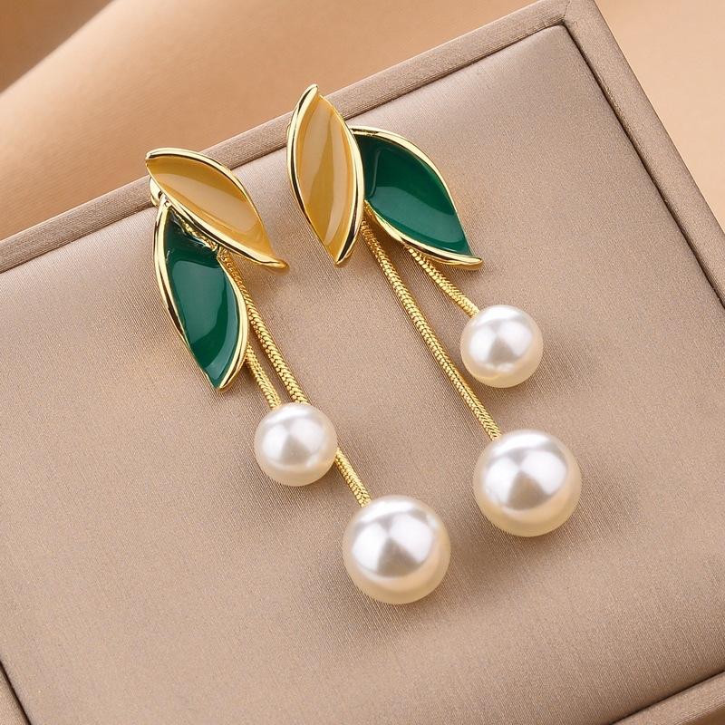 Simulation Pearl Leaf Tassel Earrings Women Jewelry Party Gifts