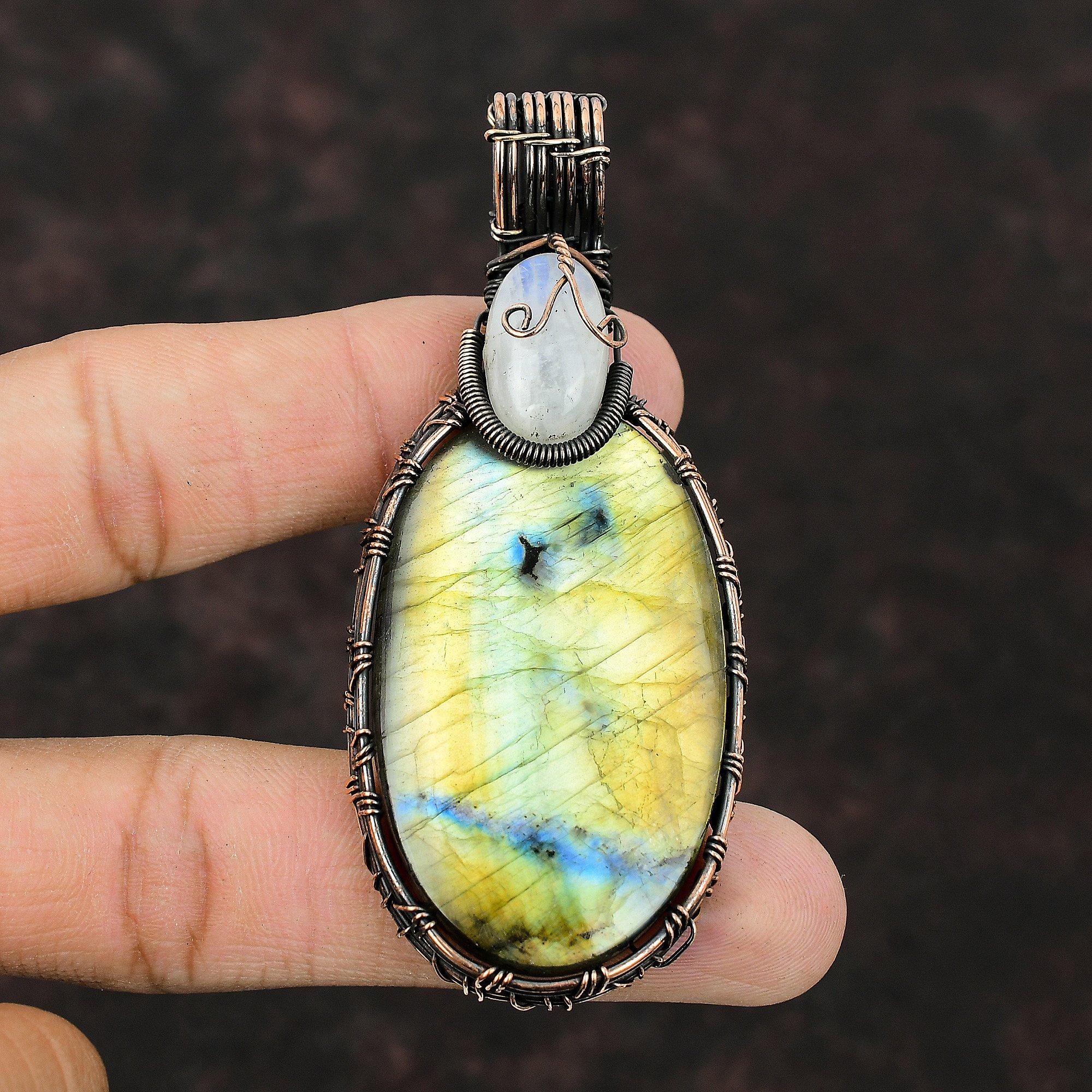 Labradorite Pendant Rainbow Moonstone Pendant Copper Wire Wrapped Pendant Handmade Pendant Gemstone Jewelry Gift For Mother Copper Jewelry