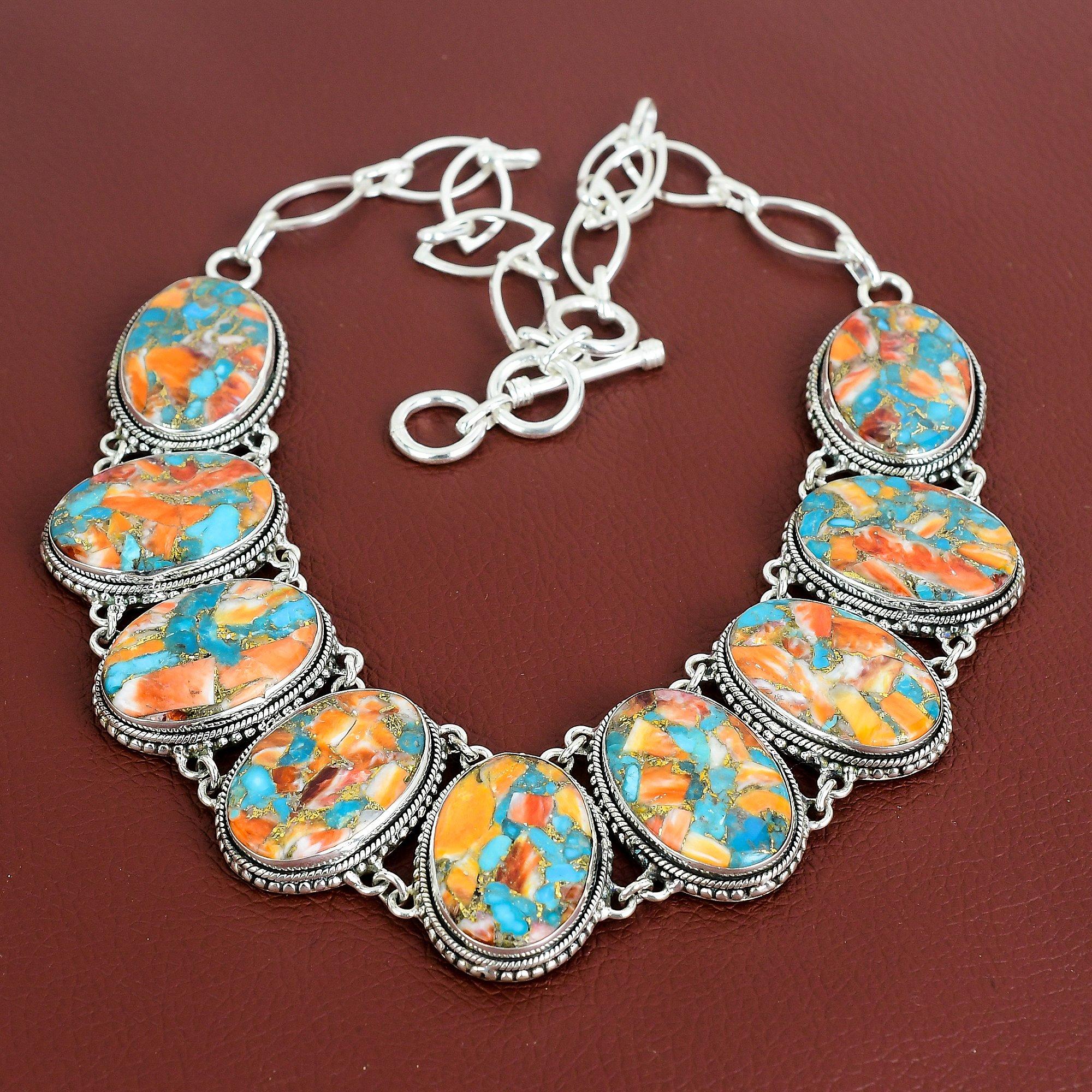 Collier Pierre Précieuse Huître Épineuse Turquoise Cuivre Collier en Argent Sterling 925 Collier Chaîne Réglable Fait Main Bijou Vintage Cadeau Pour Maman