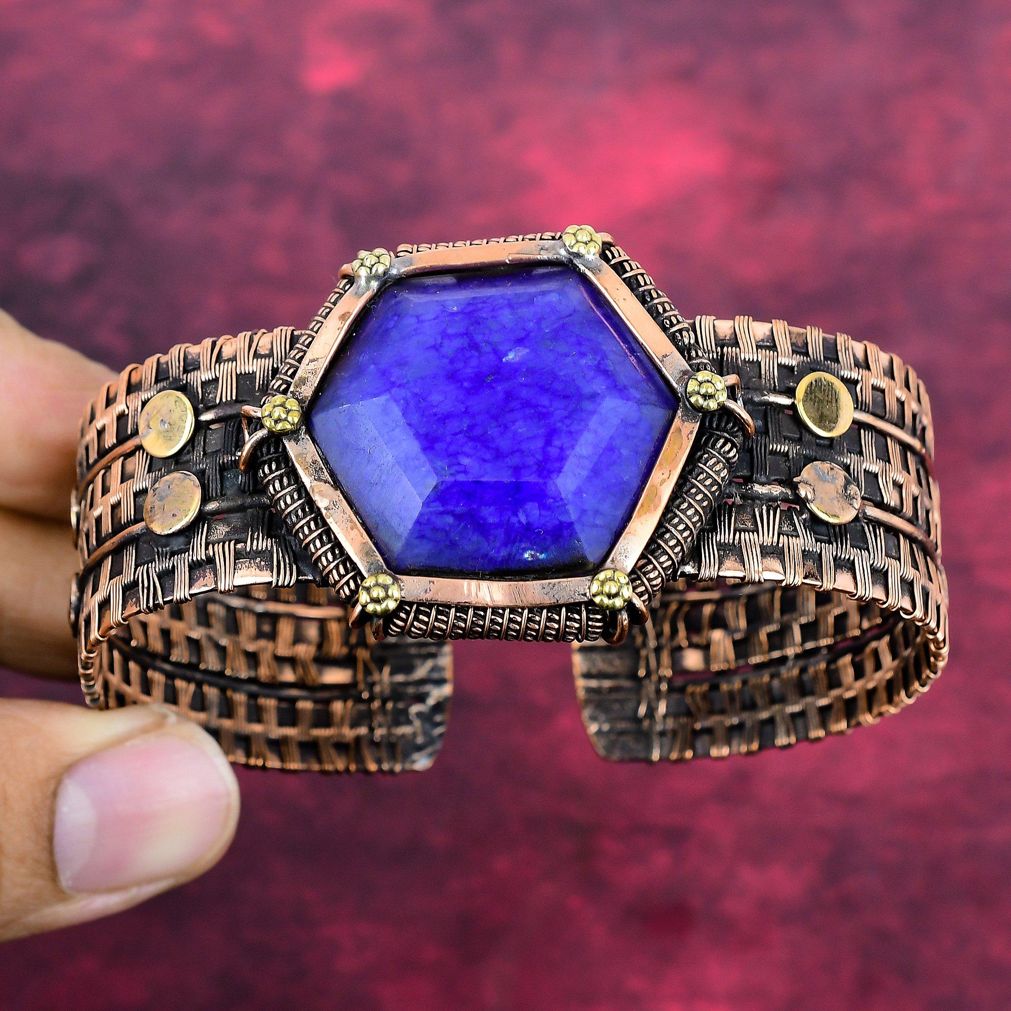 Faceted Blue Sapphire Bangle Copper Wire Wrapped Jewelry Adjustable Bangle