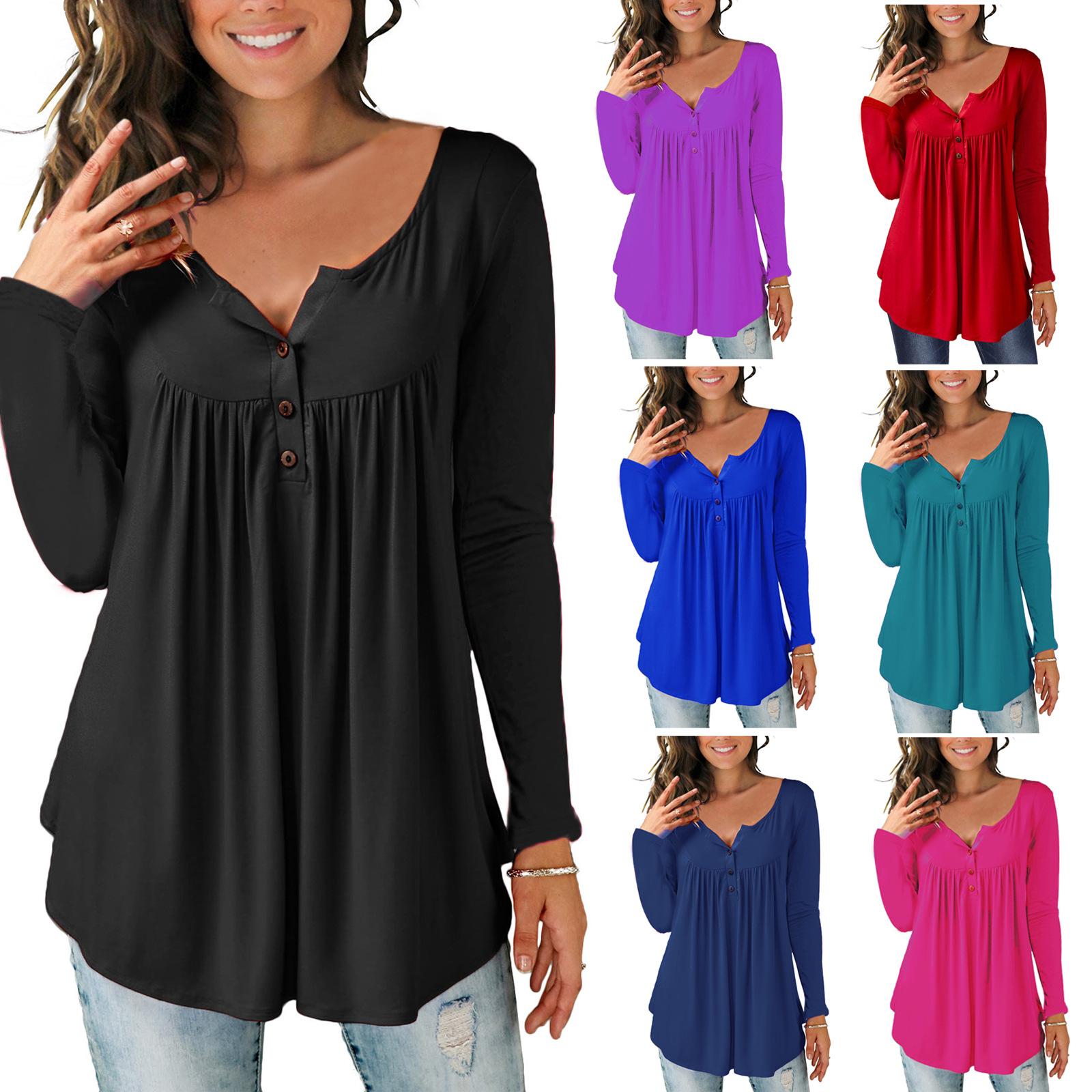 Womens Casual Long Sleeve Loose T-Shirts Solid Color Button Pleated Tunic Tops V-neck Female Pullover Tops Summer Clothes