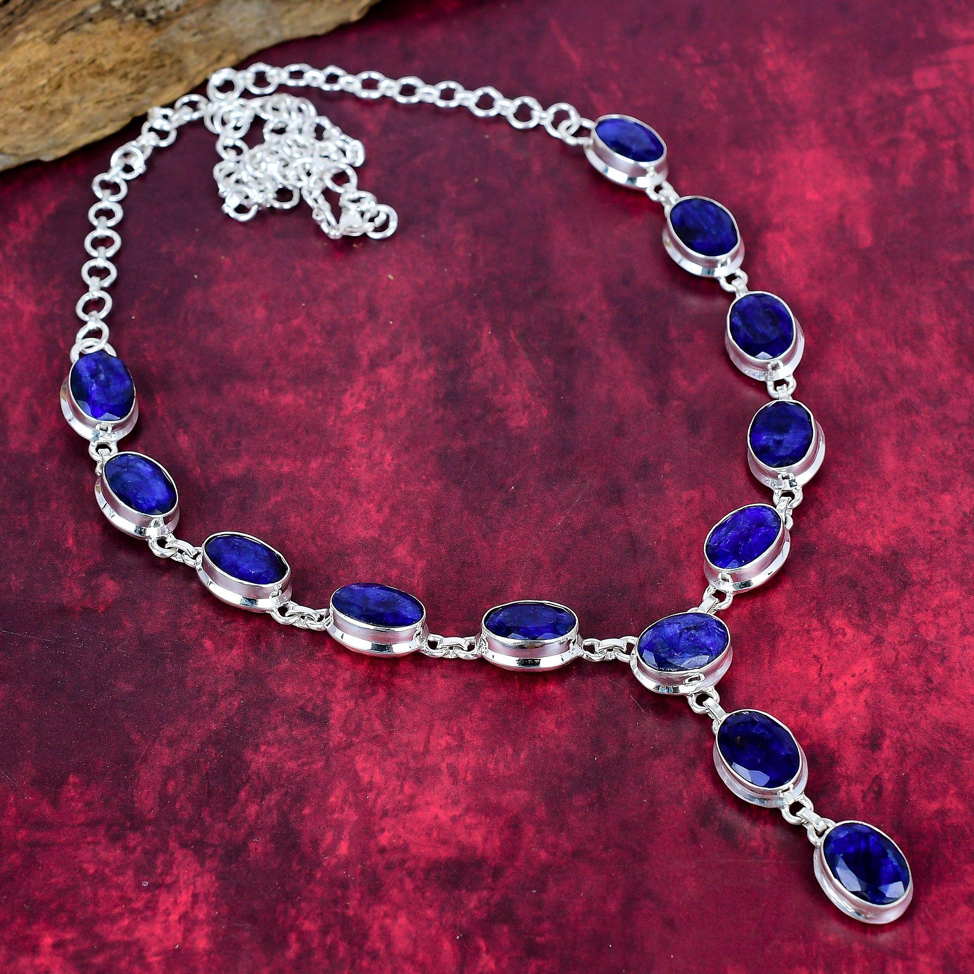 Blue Sapphire Necklace, Handmade Gemstone Necklace, 925 Solid Sterling Silver Necklace Antique Jewelry, For Engagement Gift