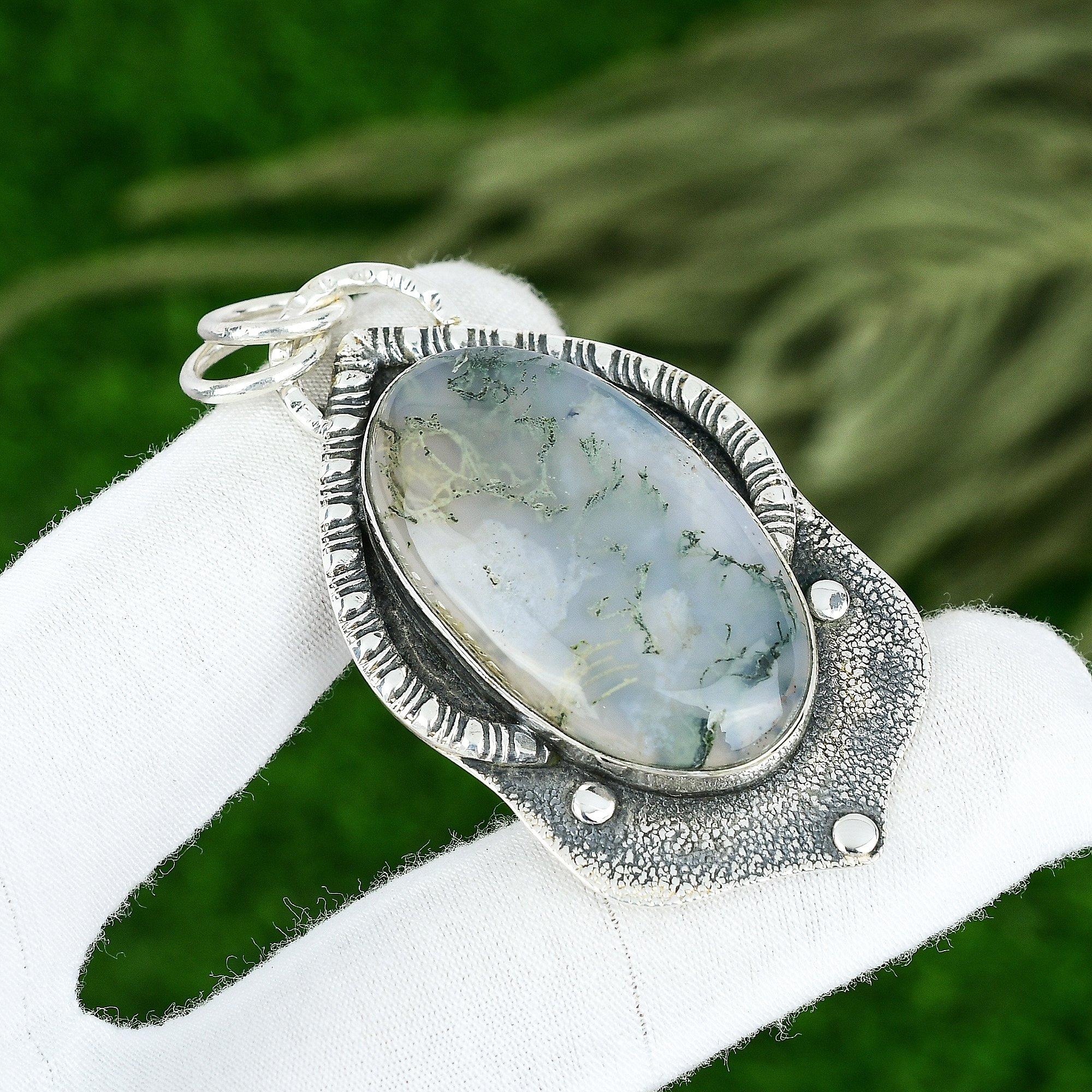 Natural Solar Moss Agate Gemstone Jewelry 925 Sterling Silver Pendant For Women