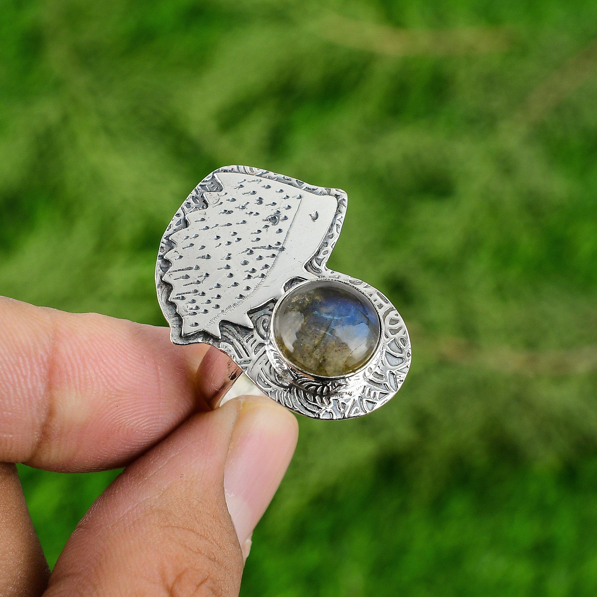 Sterling Silver Round Natural Labradorite Bezel Boho Multi Stone Statement Ring
