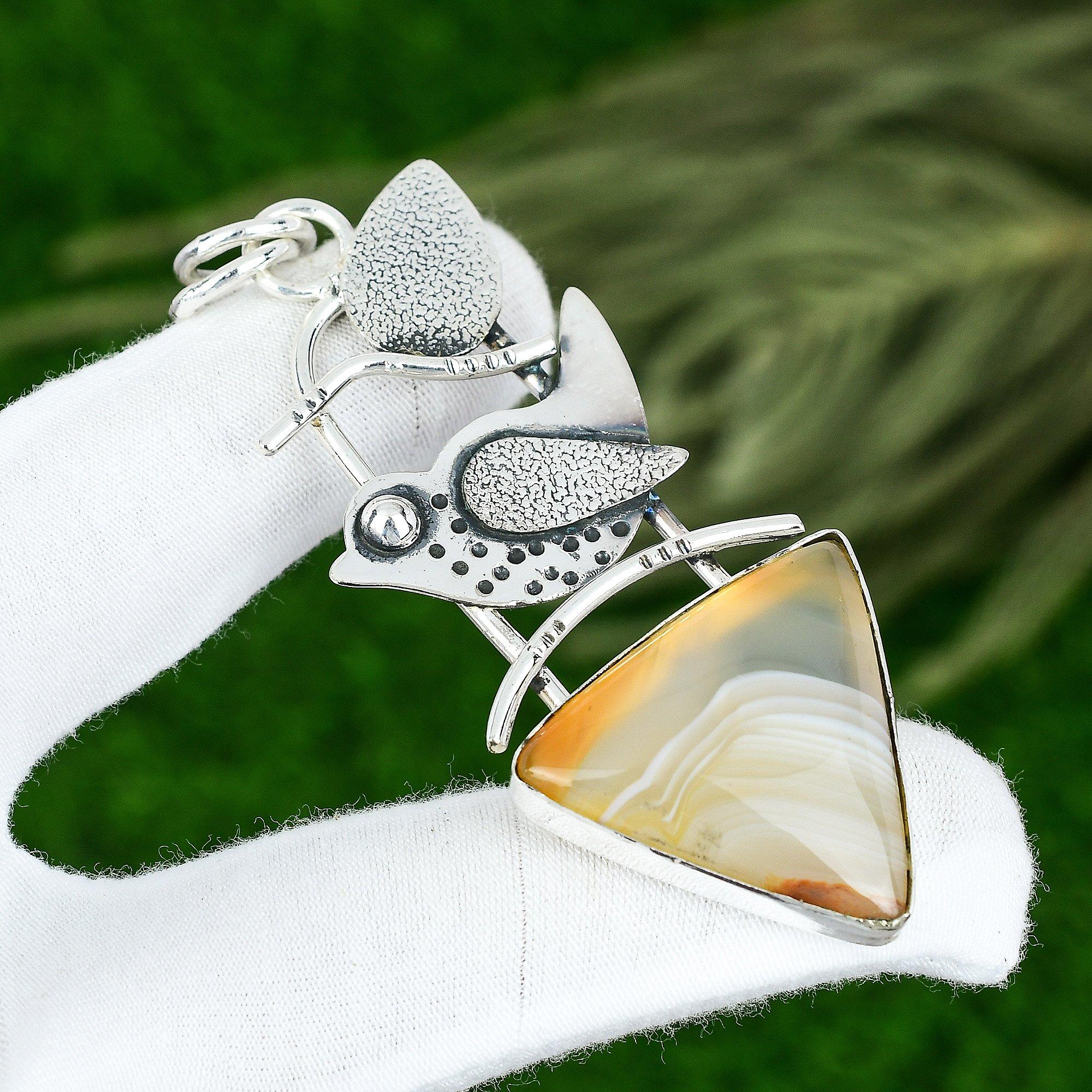 925 Sterling Silver Triangle Botswana Agate Stone Engagement Bezel Boho Pendant