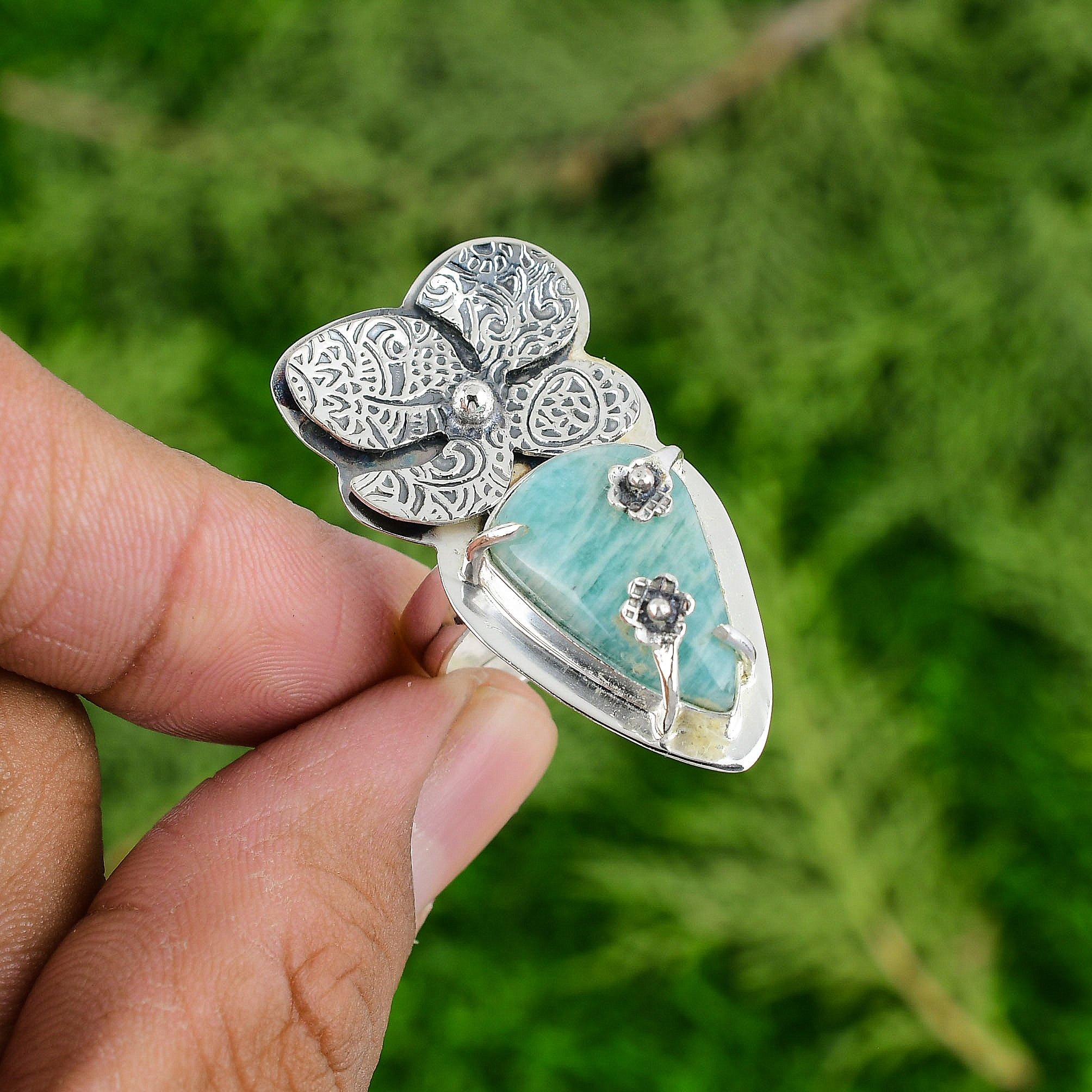925 Silver Pear Amazonite Stone Wife Solitaire Flower Heart Chakra Ring Jewelry