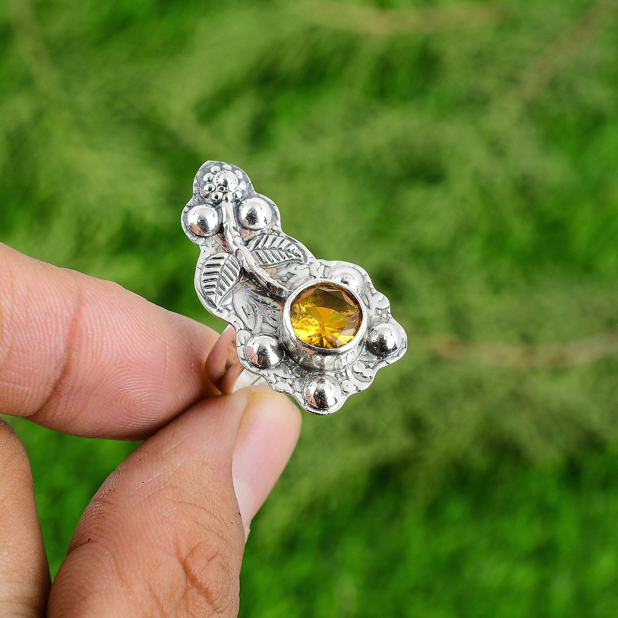 Gift For Women Solitaire Flower Adjustable Ring 925 Silver Natural Citrine