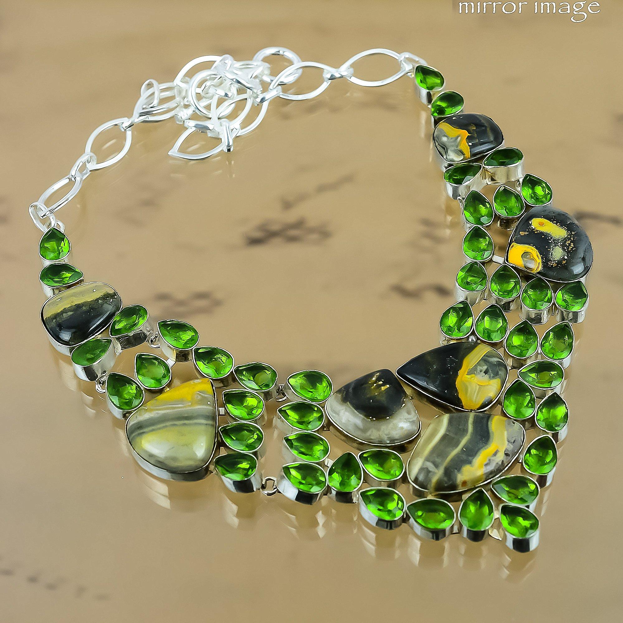 Gift For Women Chain Adjustable Necklace 925 Silver Natural Bumble Bee Jasper