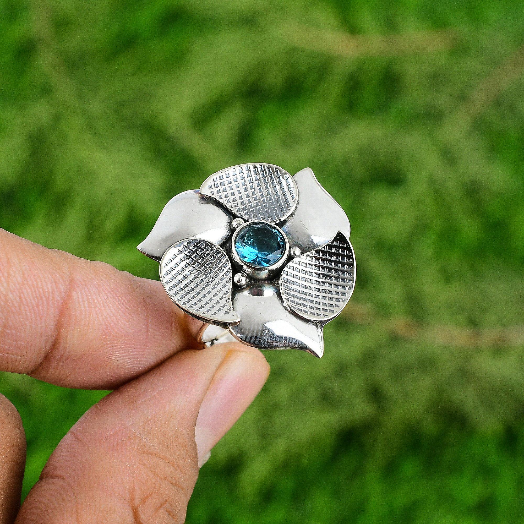 Gift For Her 925 Silver Natural Swiss Blue Topaz Promise Flower Adjustable Ring