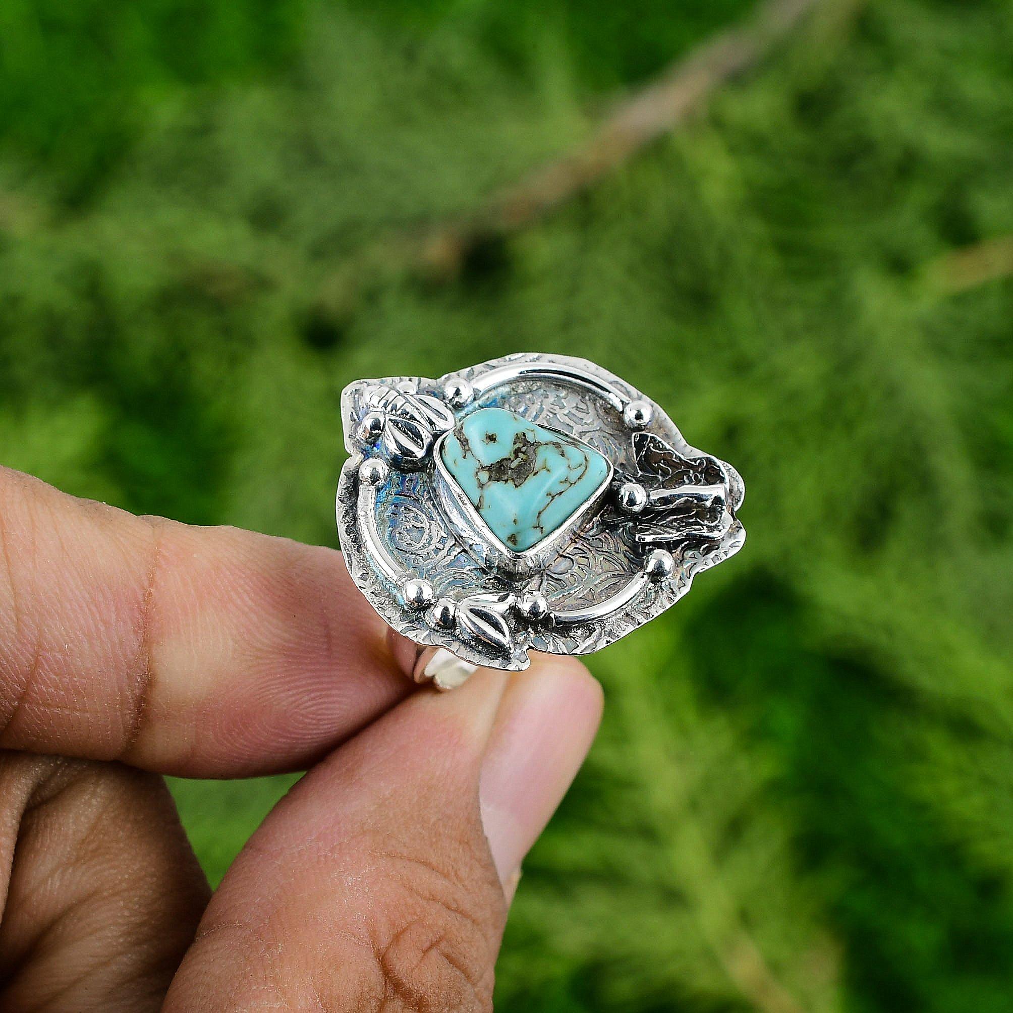 925 Sterling Silver Tibetan Turquoise Stone Mother Bezel Trendy Stackable Ring