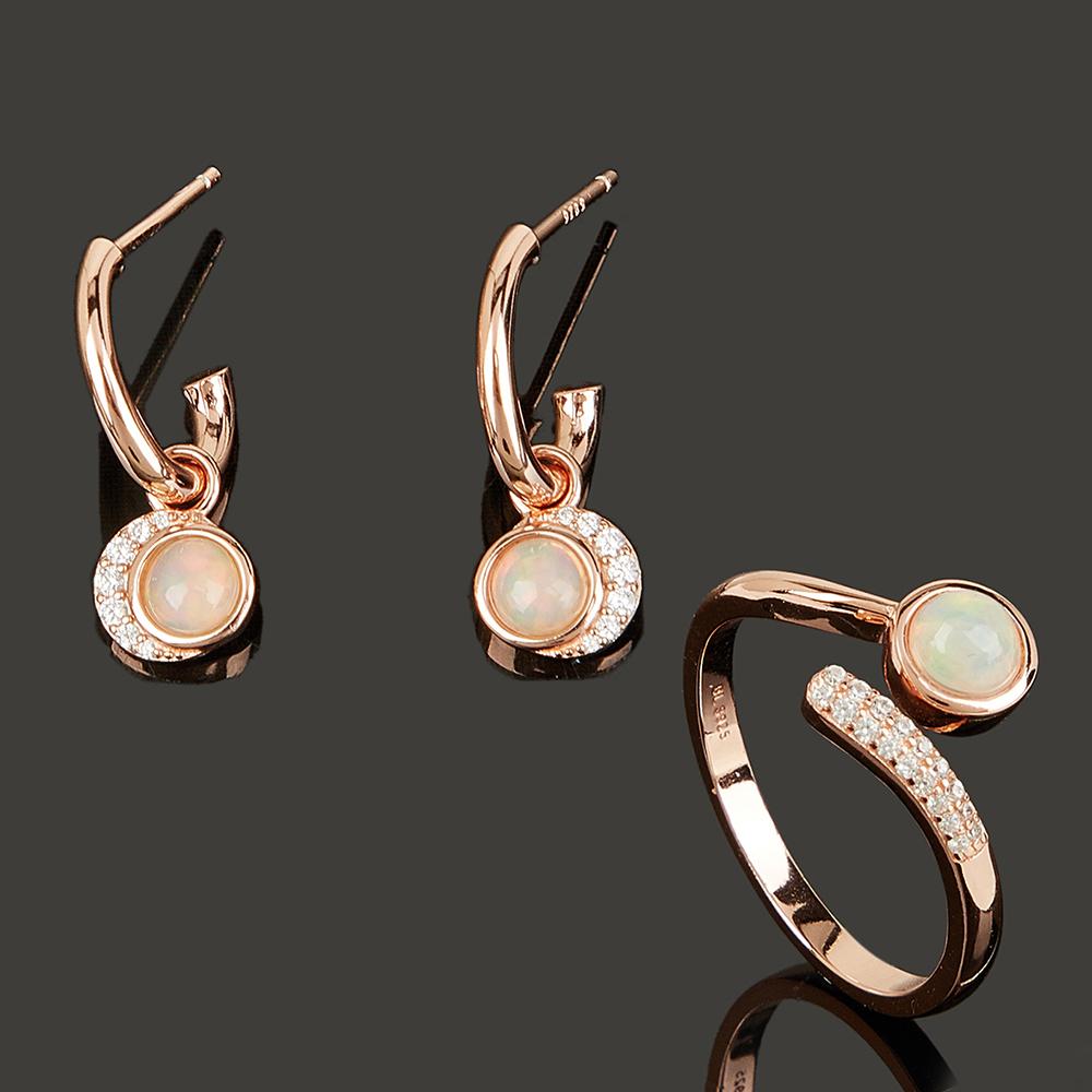 Rundes Tropfenform-Design, natürliche Opal-Ohrringe, verstellbarer Ring-Schmuckset, 925er Sterlingsilber, Damen-Schmuck für den täglichen Gebrauch