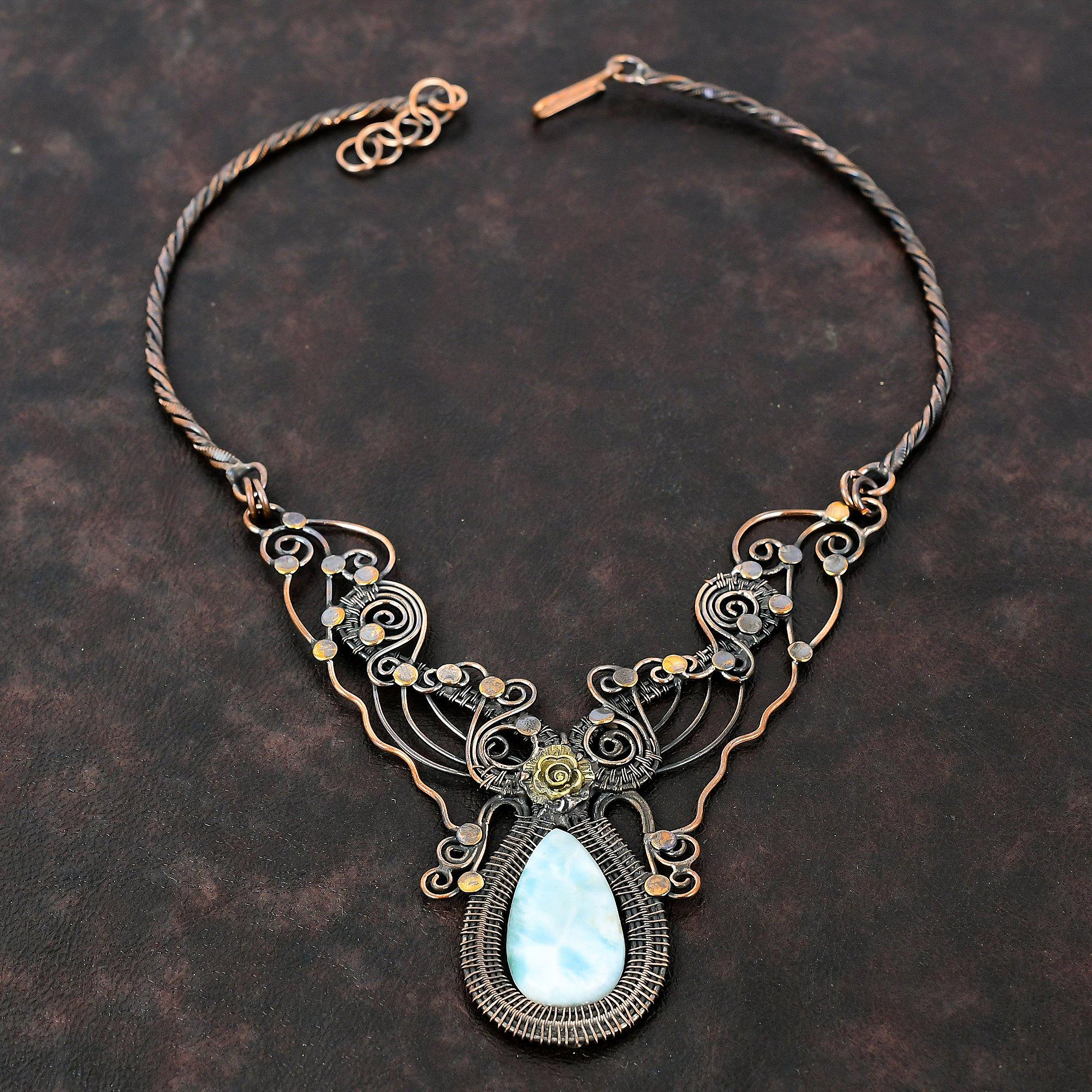 Colier Larimar Bijuterii cu Piatră Prețioasă Înfășurate în Sârmă de Cupru Colier Reglabil Colier Înfășurat în Sârmă de Cupru Bijuterii Uimitoare Handmade Cadou de Logodnă