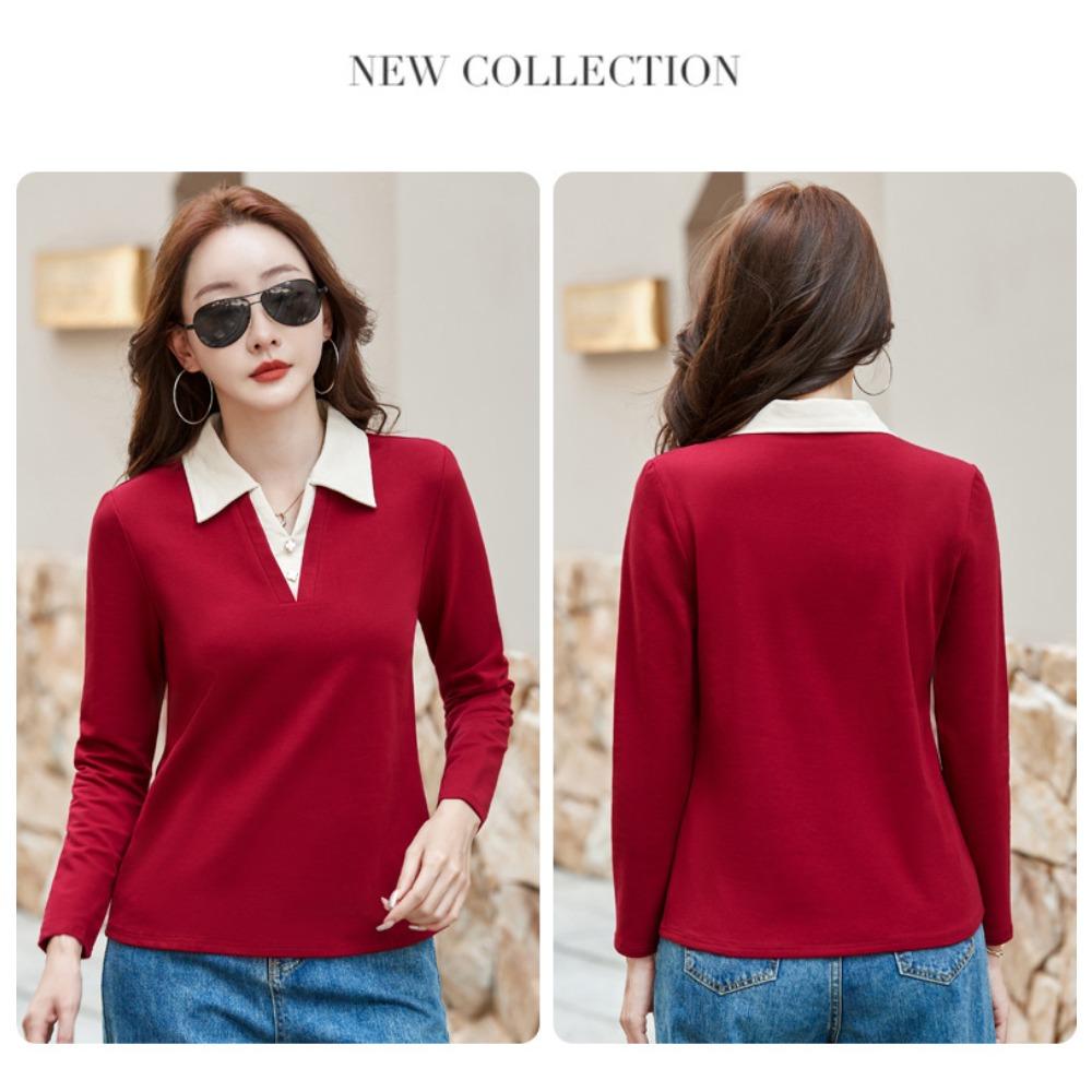 Autumn Winter Women's Long Sleeve T-Shirt Lapel Collar Casual Top