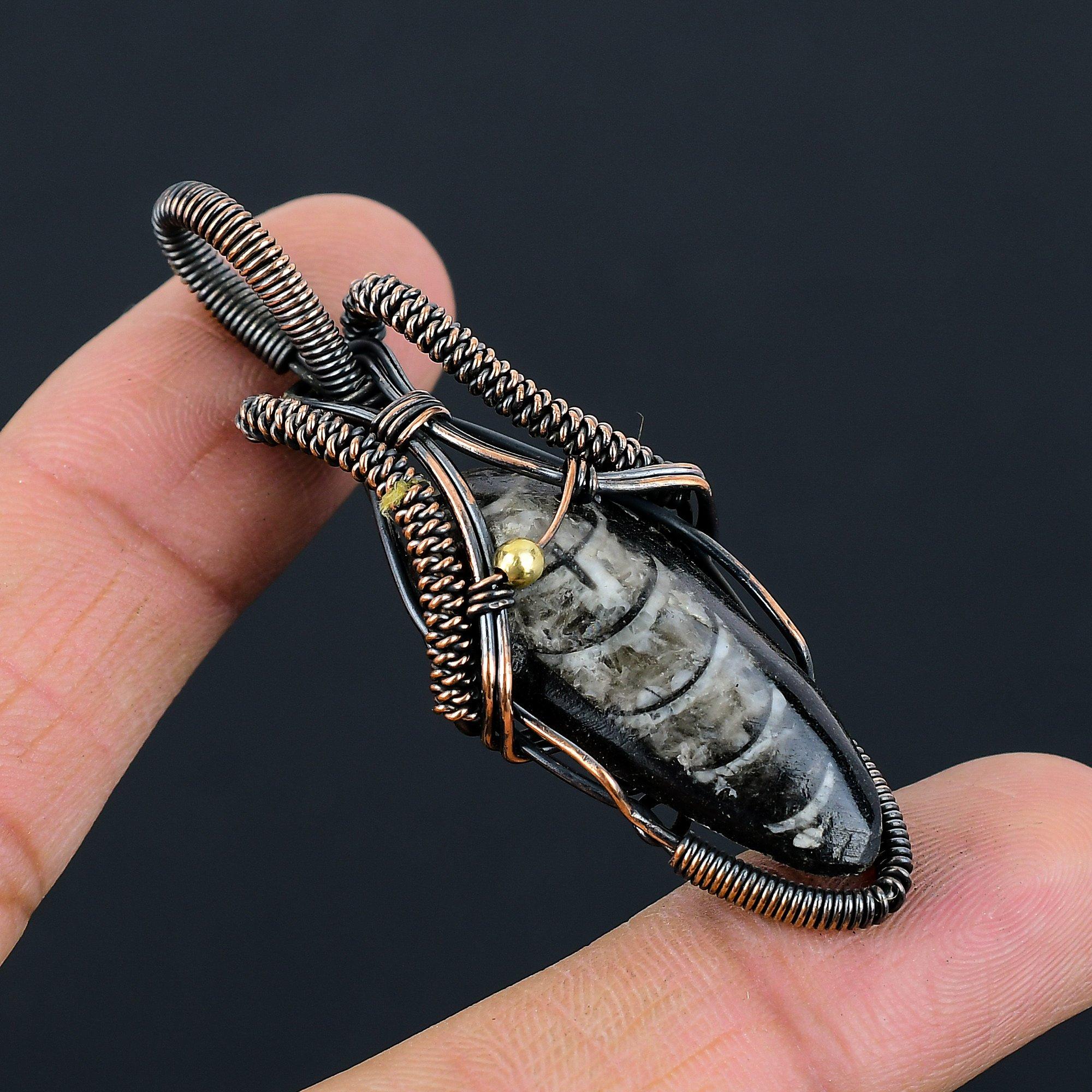 Orthoceras Fossil Gemstone Pure Copper Wire Wrapped Handmade Pendant Jewelry