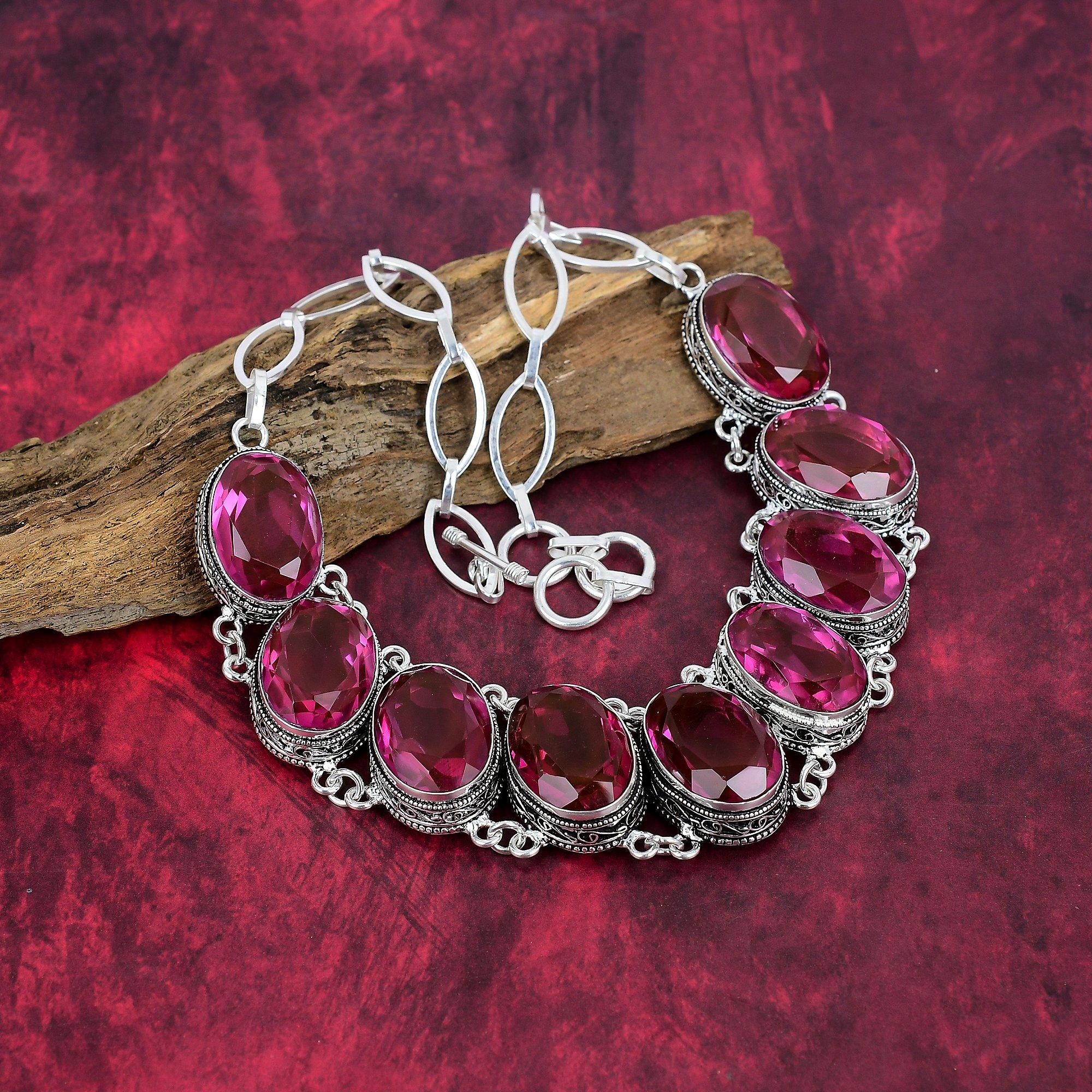 Colar de prata esterlina sólida 925 com turmalina rosa e corrente ajustável, colar de joias com pedras preciosas feito à mão, para o Memorial Day