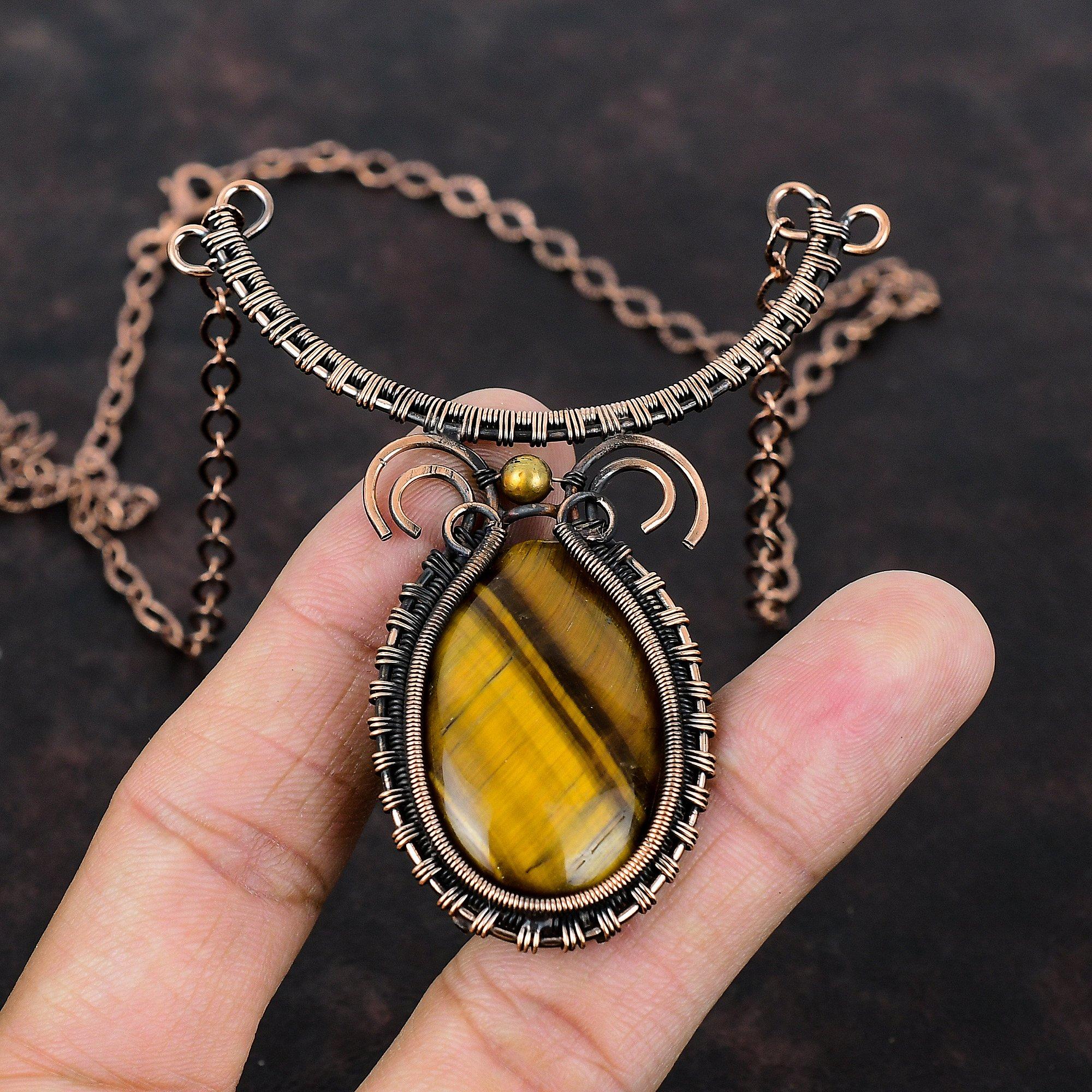 Tiger's Eye Necklace Copper Wire Wrapped Necklace Handmade Jewelry Adjustable Necklace Natural Gemstone Necklace Wedding Gift Copper Jewelry