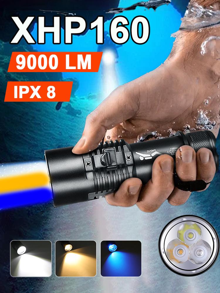 9000LM XHP160 Profesjonell kraftig LED-dykkerlommelykt Lommelykt IPX8 vanntett undervannslanterne med varmt blått hvitt lys