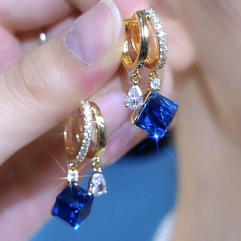 Trendy Geometric Blue Square  Zircon Dangle Earrings for Women Exquisite Wedding Party Earrings Jewelry Birthday Gifts 2024