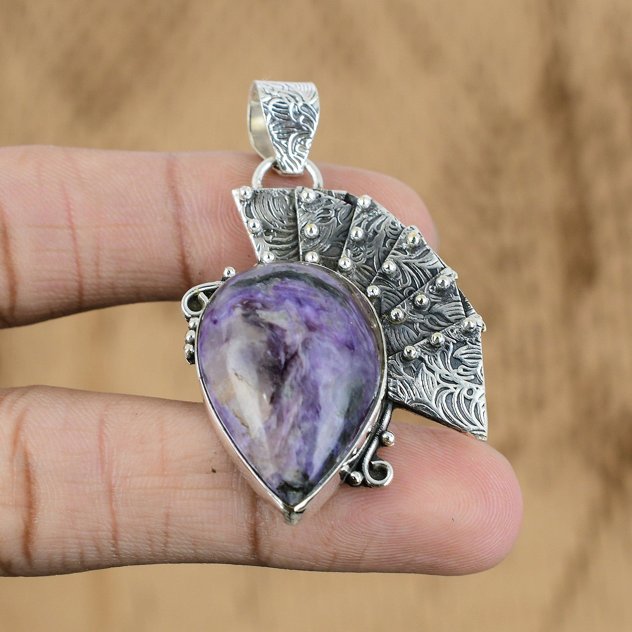 Natural Russian Charoite Gemstone Jewelry 925 Sterling Silver Pendant For Girls