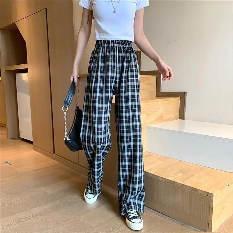 Vintage Plaid Women Pants High Waist Wide Leg Straight Pant Loose Casual Female Trousers Wide Leg Pant Fashion