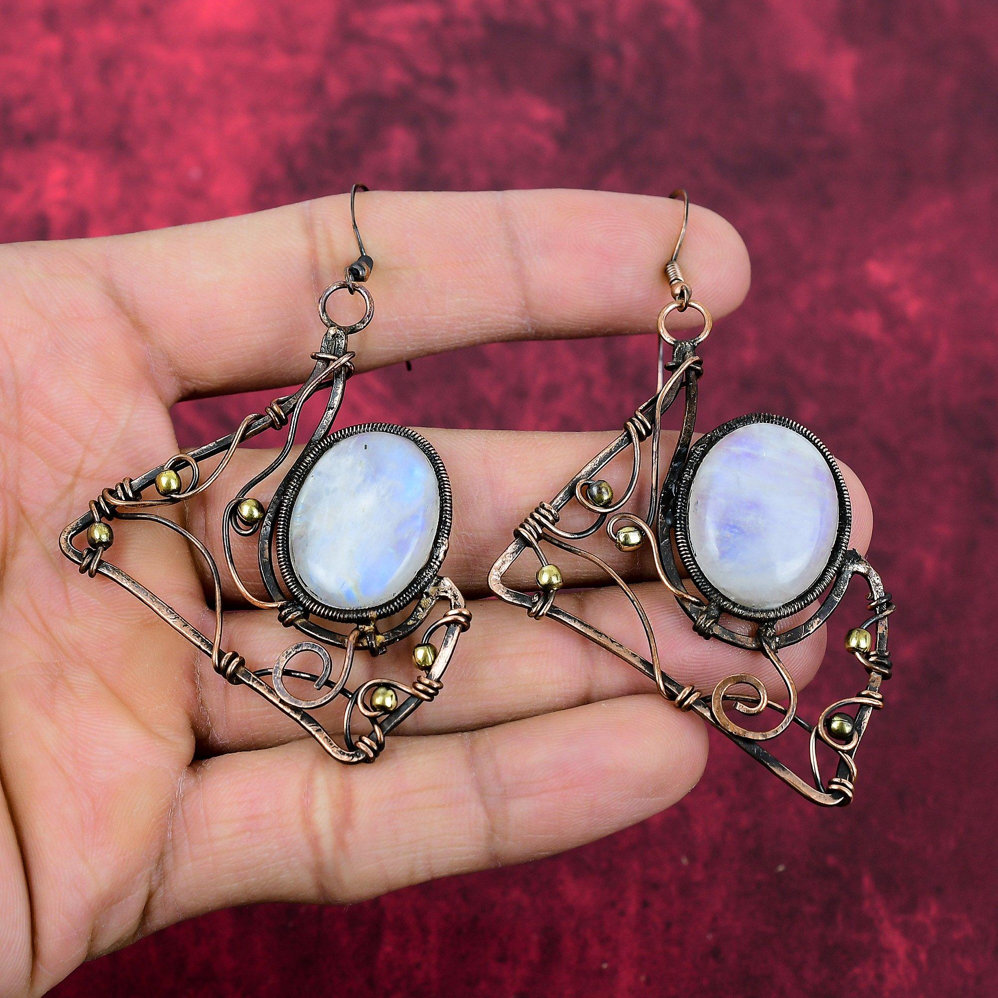 Boucle d'oreille Pierre de Lune Arc-en-ciel Boucles d'oreilles Enroulées de Fil de Cuivre Bijoux Faits Main Boucle d'oreille en Pierre Naturelle Belle Bijouterie en Cuivre Cadeaux d'Anniversaire