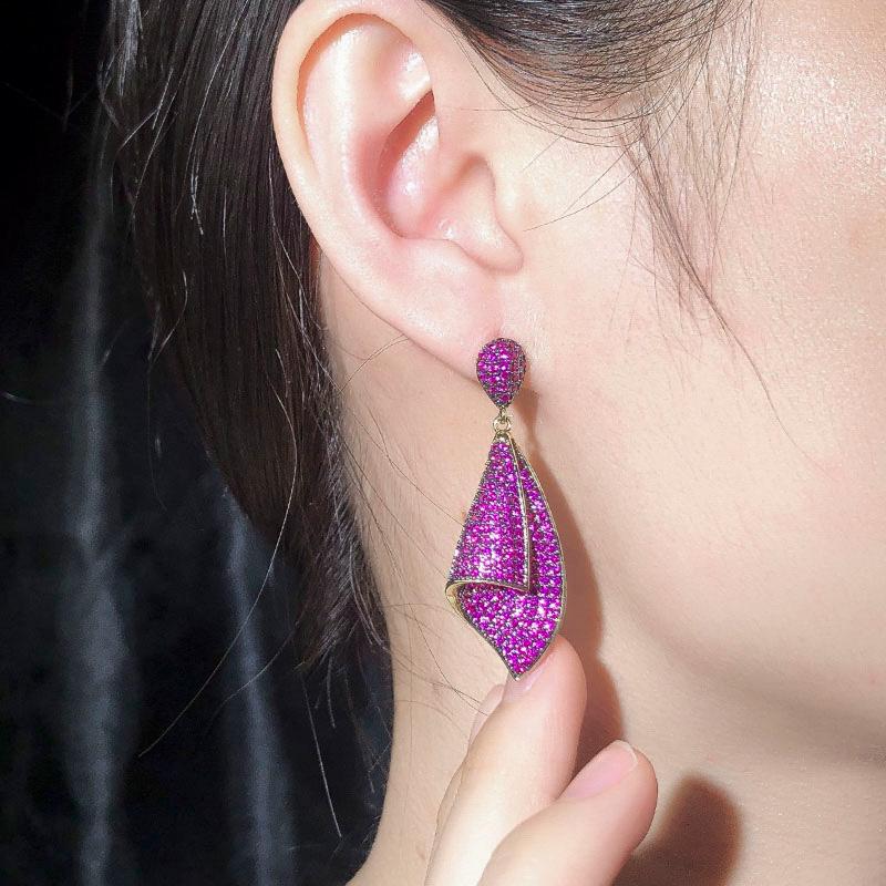 WWJ Unique Rose Red Cubic Zirconia Drop Earrings Geometric Party Jewelry for Women