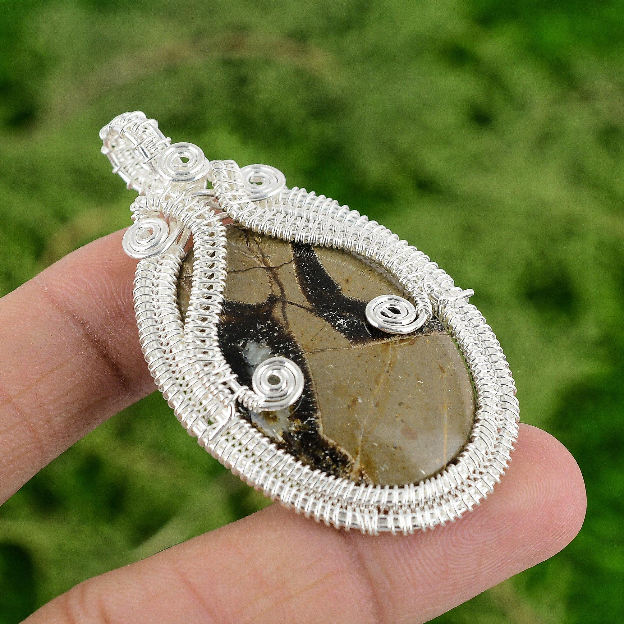 925 Sterling Silver Oval Septarian Gemstone Birthday Wire Wrapped Trendy Pendant