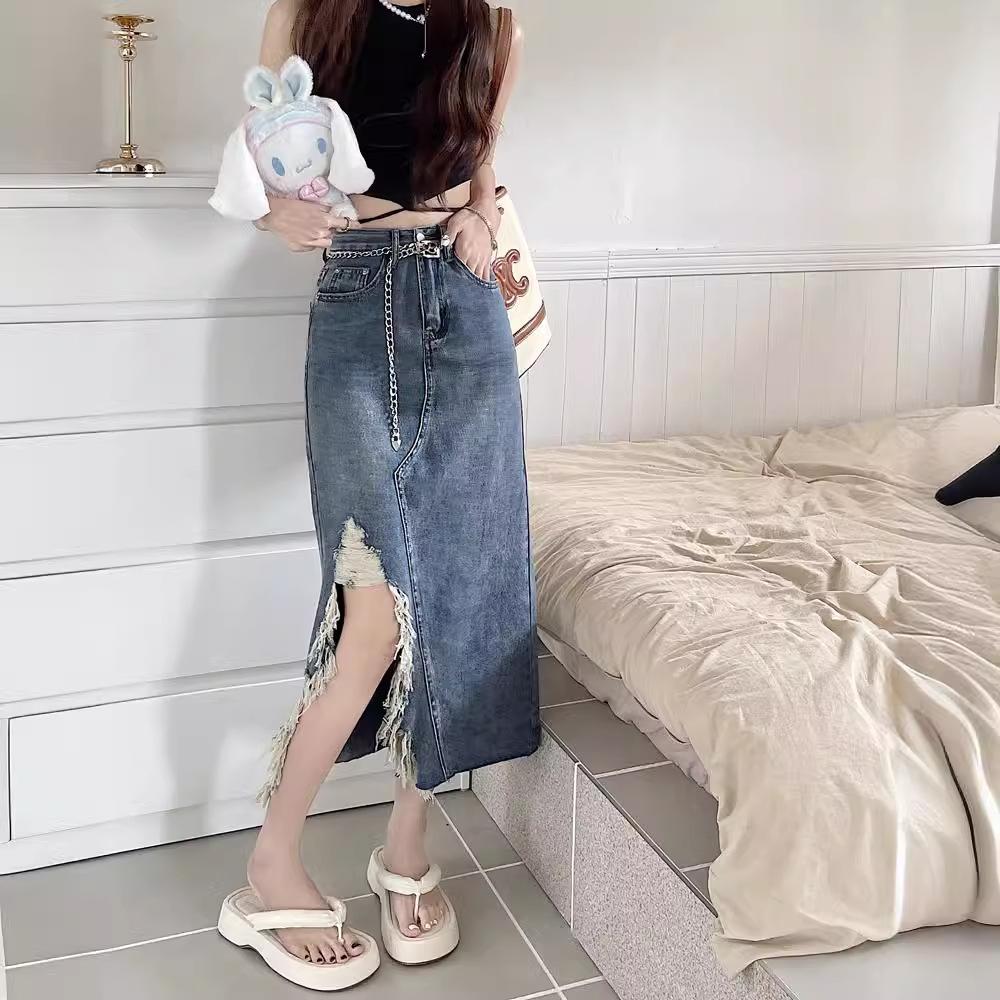 Summer Women's Spicy Fringe Cowboy Half-body Skirt Hong Kong Style Long Skirt