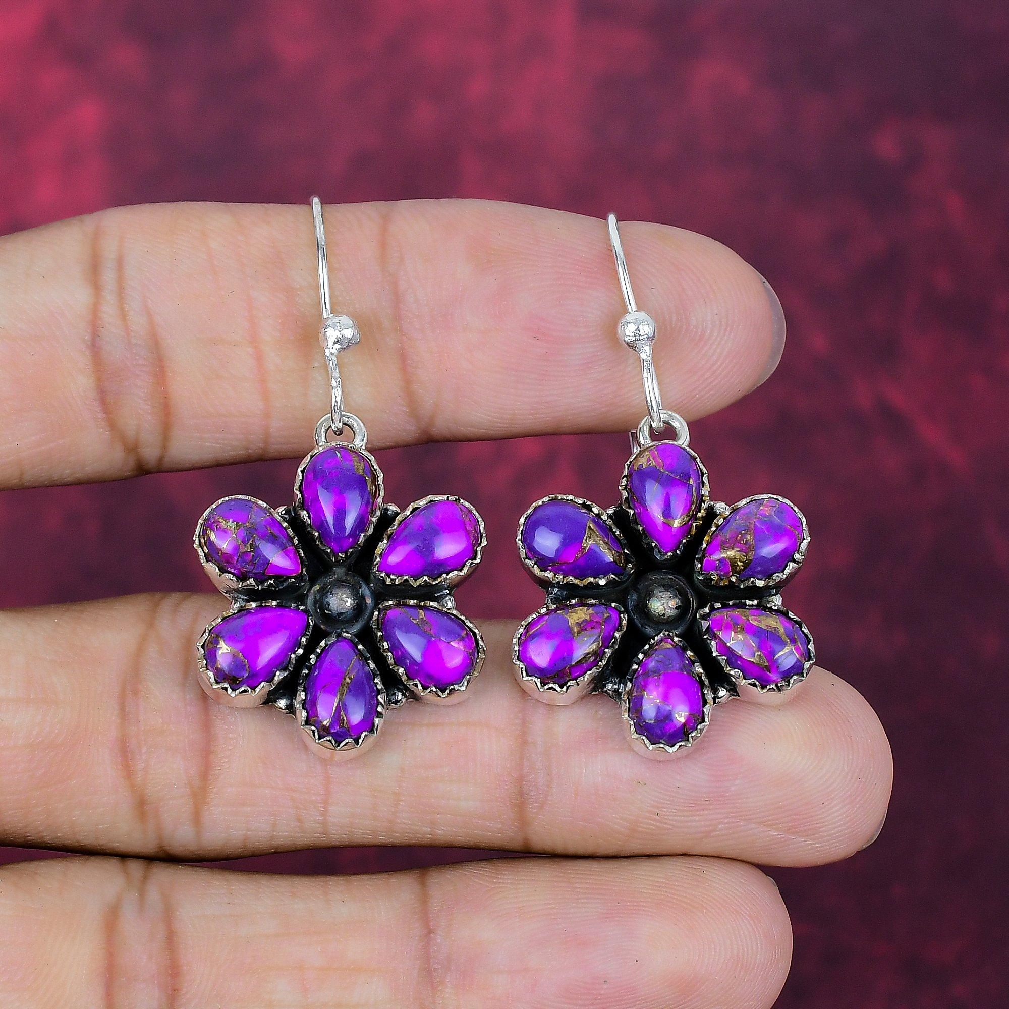 Purple Copper Turquoise Handmade Gemstone Earrings, 925 Solid Sterling Silver Earrings Antique Jewelry, For Engagement Gift