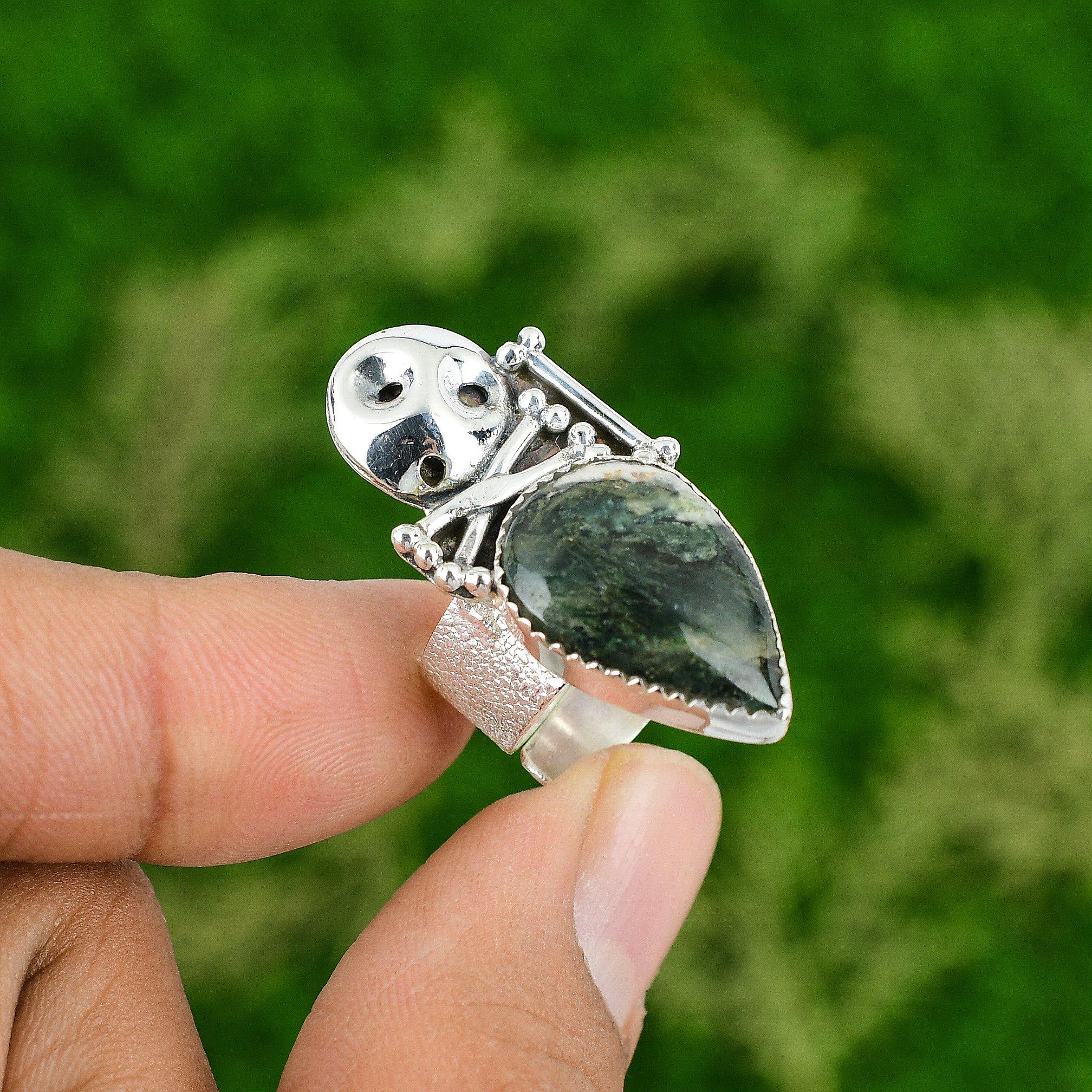 Natural Solar Moss Agate Skull And Bone Adjustable Ring 925 Silver For Girls