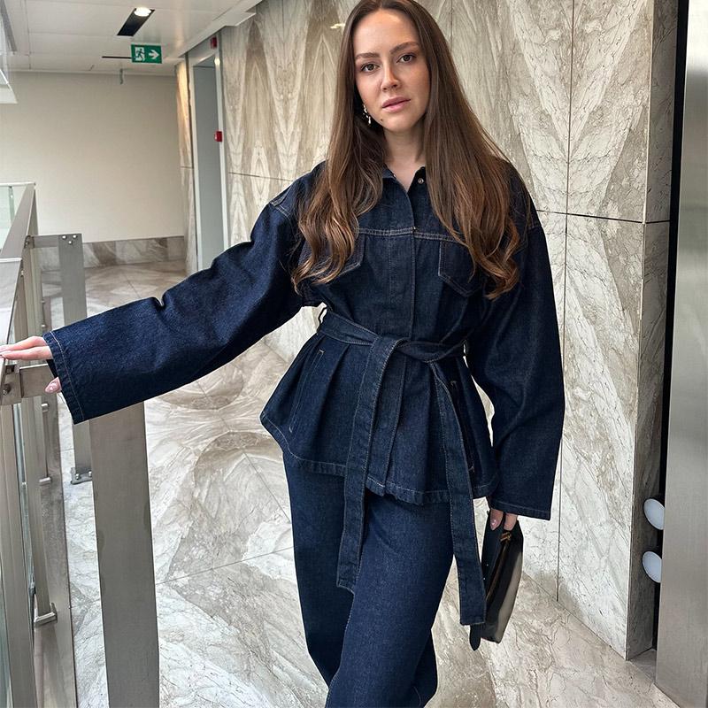 Women Denim Jacket Turndown Collar Single Breasted Long Sleeve Belt Coat Solid Color Fashionable Denim Jackets 2025 Spring New