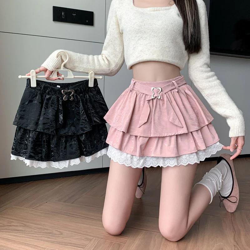 Women Pink A-line Pleated Skirt Vintage Fashion 90s Aesthetic Y2k Mini Cake Skirt Harajuku Korean Lolita Skirt 2000s Clothes