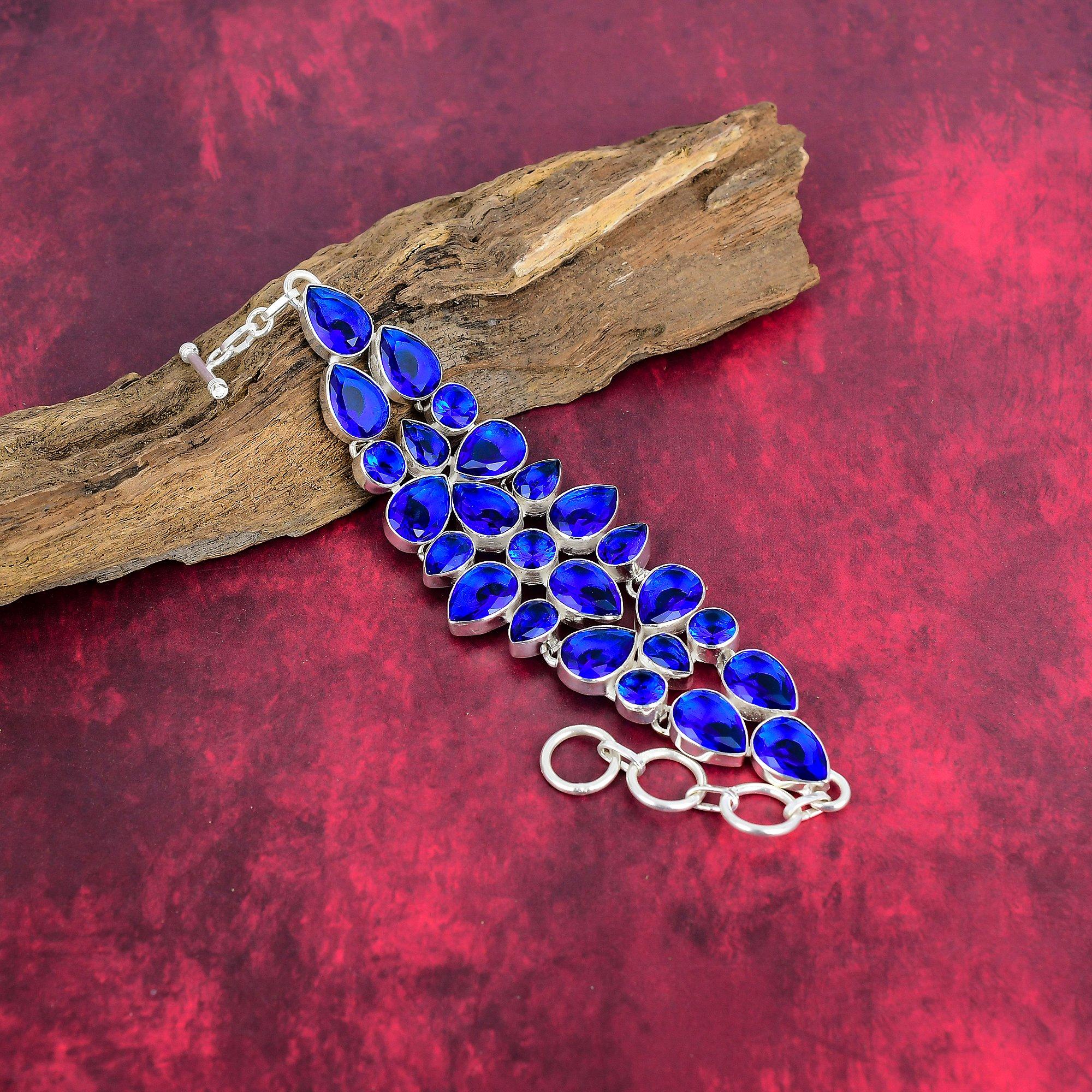 Blue Sapphire Bracelet, Handmade Gemstone Bracelet, 925 Solid Sterling Silver Antique Jewelry, For Engagement Gift