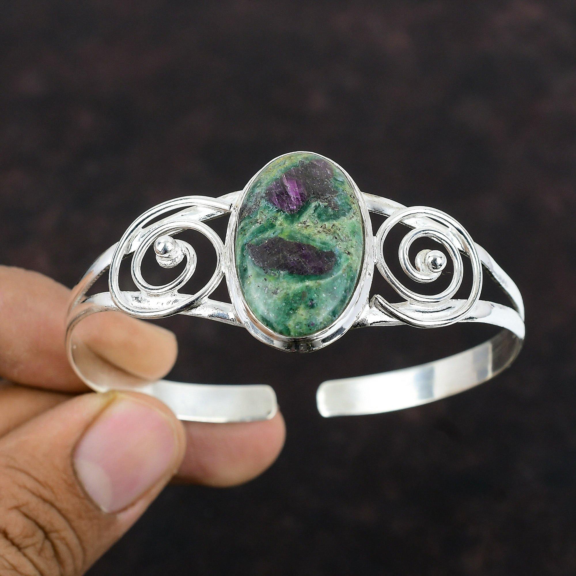 Ruby Fuchsite Manșetă Brățară din argint Sterling 925 Bijuterii realizate manual cu piatră prețioasă reală Brățară manșetă reglabilă Cadou pentru femei Bijuterii delicate