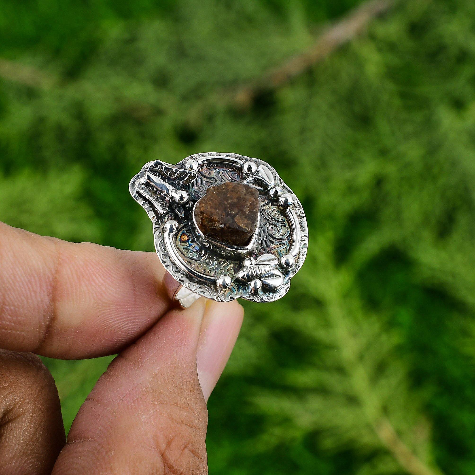 Mothers day Sale 925 Silver Trillion Natural Hessonite Rough Bezel Promise Ring
