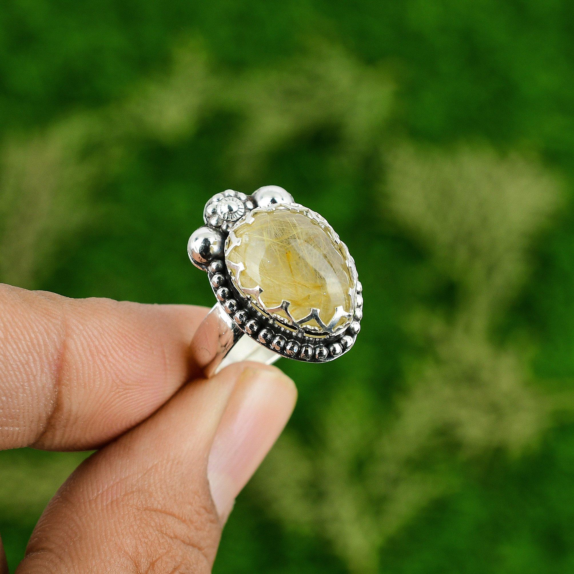 Gift For Her Natural Golden Rutile Multi Stone Adjustable Ring 925 Silver