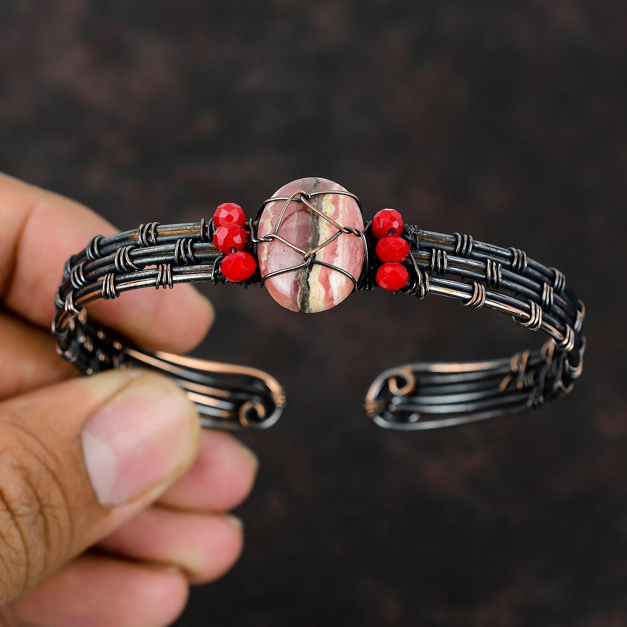 Rodokrosit Koppar Manschettarmband Röd Korall Pärlor Armring Koppartråd Inlindat Smycke Justerbar Manschettarmband Ädelstensarmring Handgjord Manschett