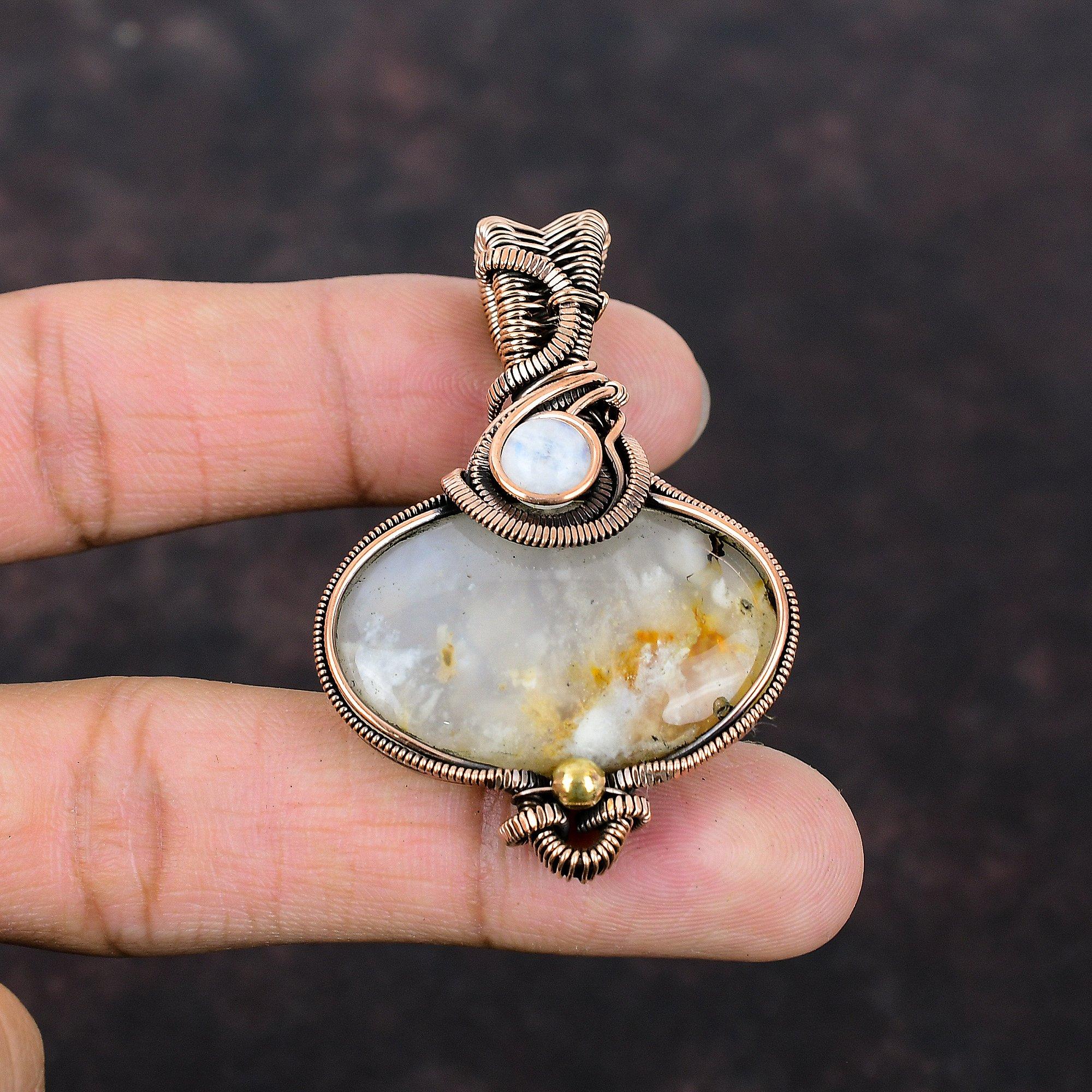 Plume Agate Pendant Copper Wire Wrapped Pendant Rainbow Moonstone Copper Jewelry Handmade Pendant Gemstone Pendant Wire Jewelry Gift For Her